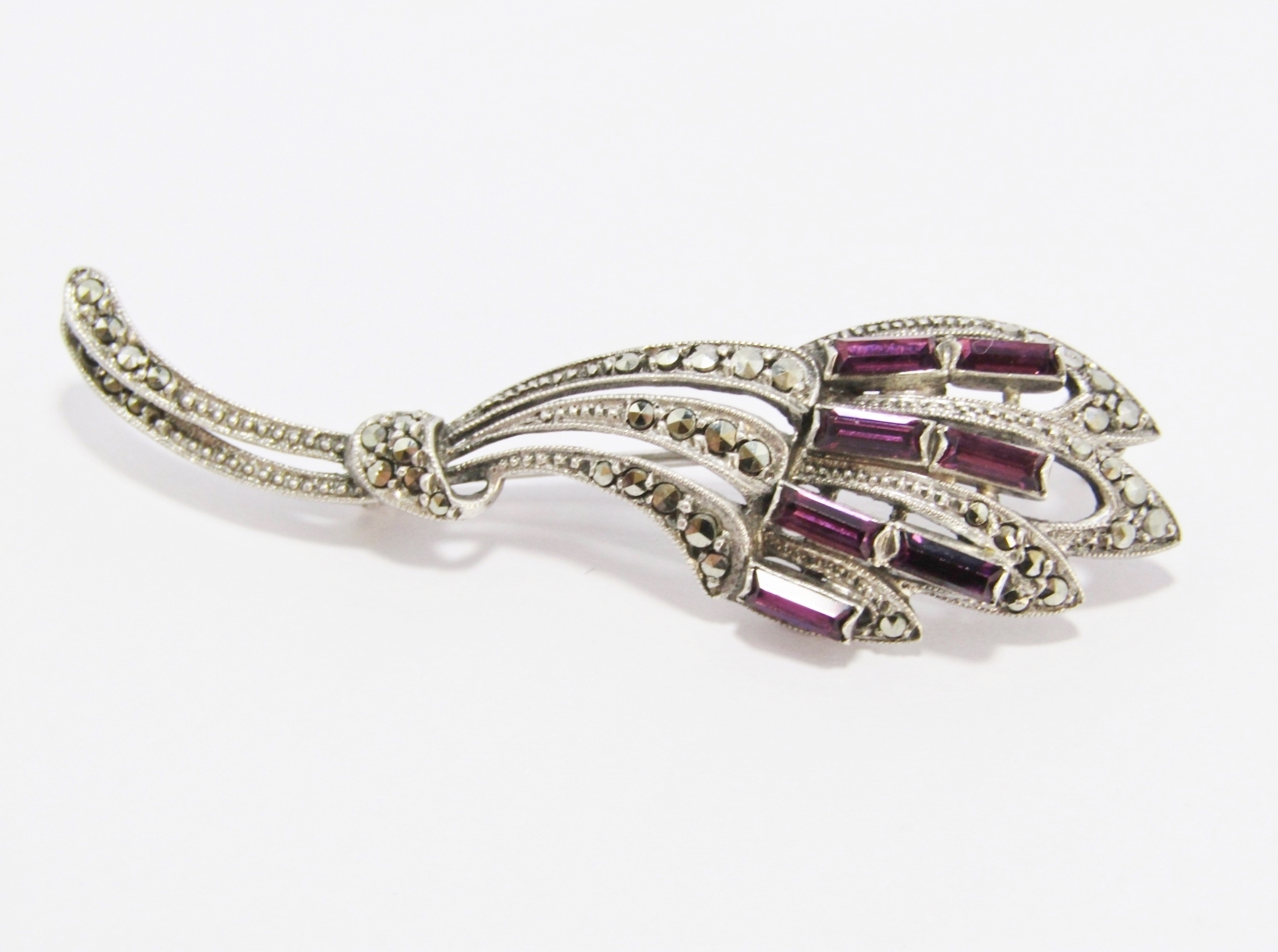 A Gorgeous Vintage Marcasite Brooch With Purple Paste Stones in Sterling Silver.