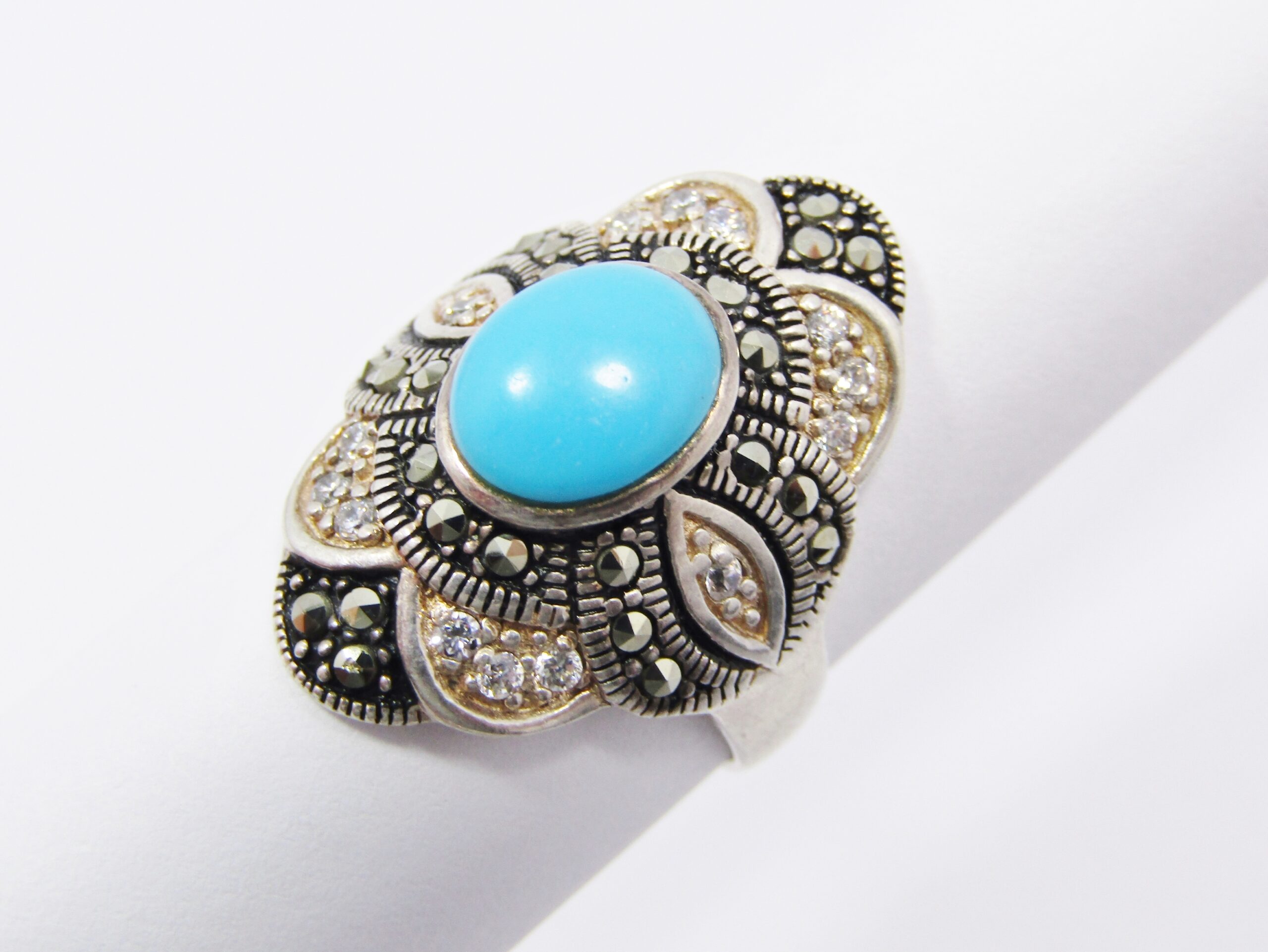 A Stunning Blue Stone Marcasite Ring in Sterling Silver