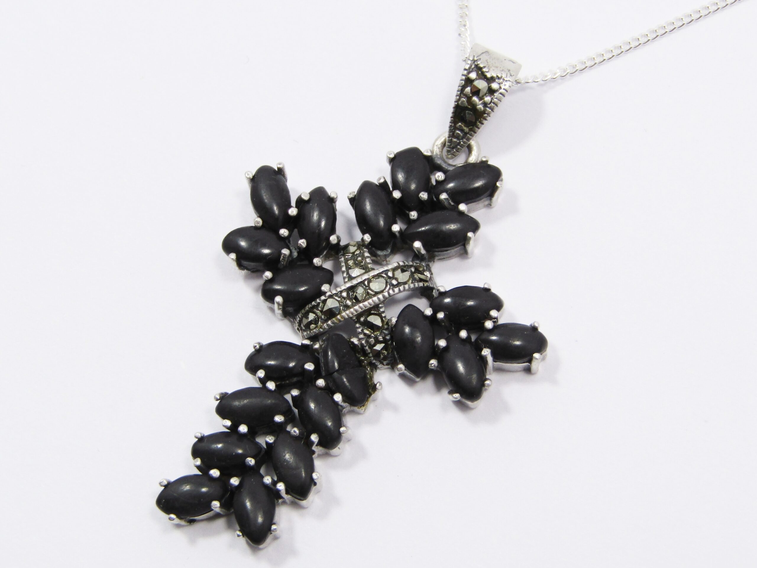 Stunning Detailed Black Stone Cross On Chain in Sterling Silver