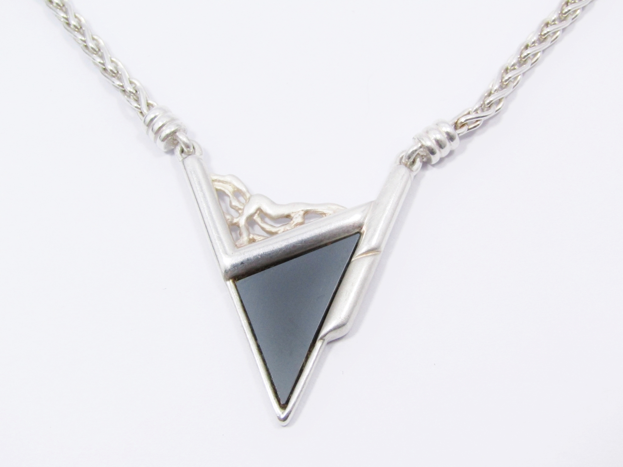 A Gorgeous Abstract Design Black Stone Pendant On Chain in Sterling Silver