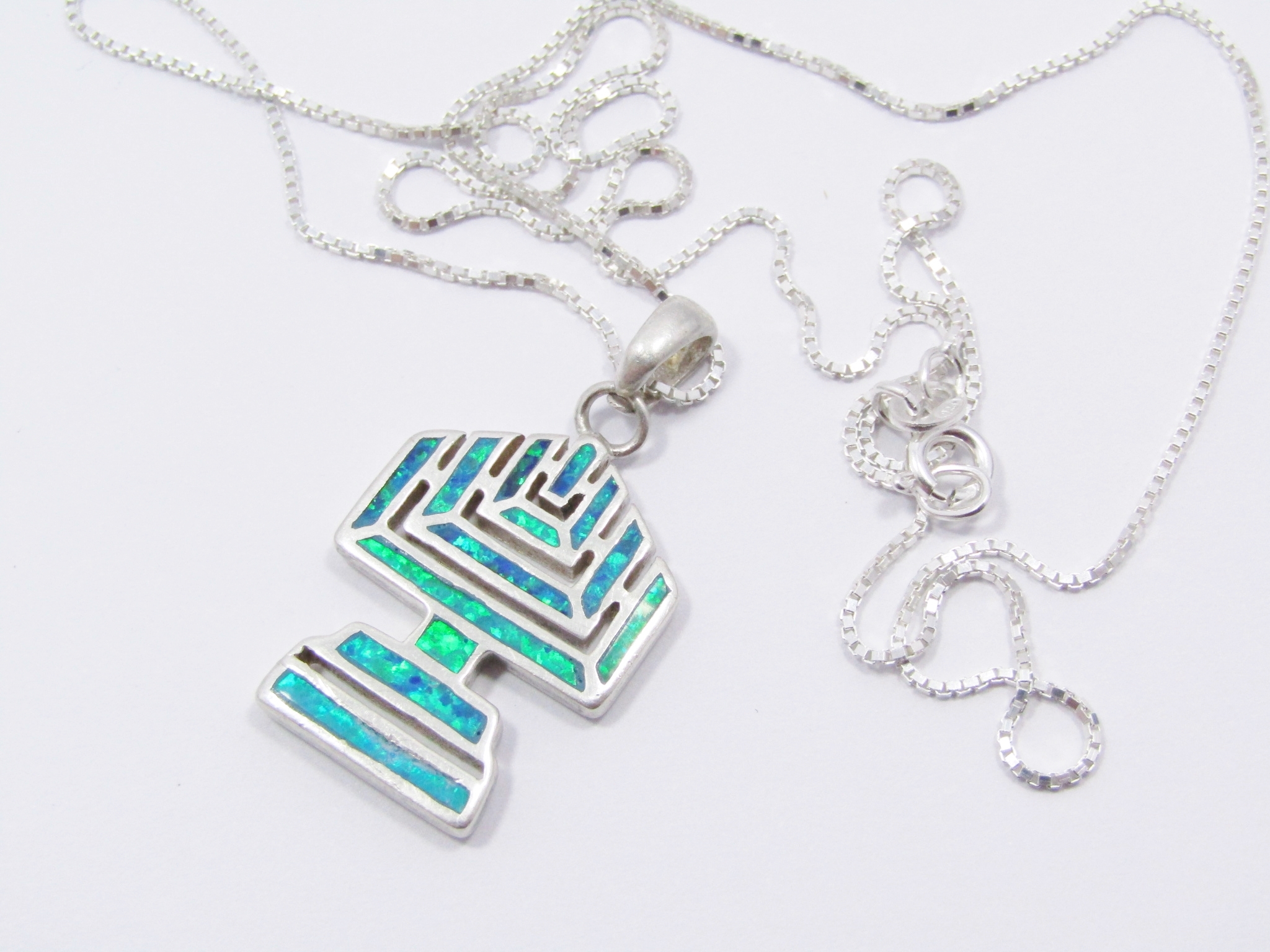 A Lovely Faux Opal Menorah Candle Pendant On Chain in Sterling Silver