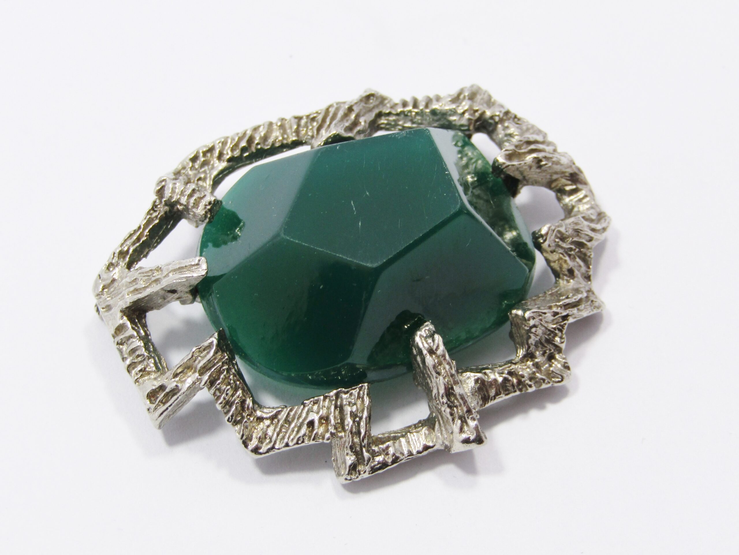 A Gorgeous Brutalist Design Silver Tone Brooch With a Huge Green Stone
