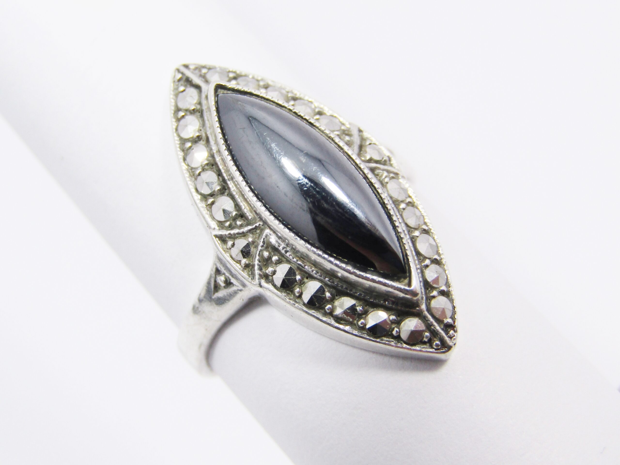 A Stunning Hematite Ring Surrounded with Marcasite’s in Sterling Silver.