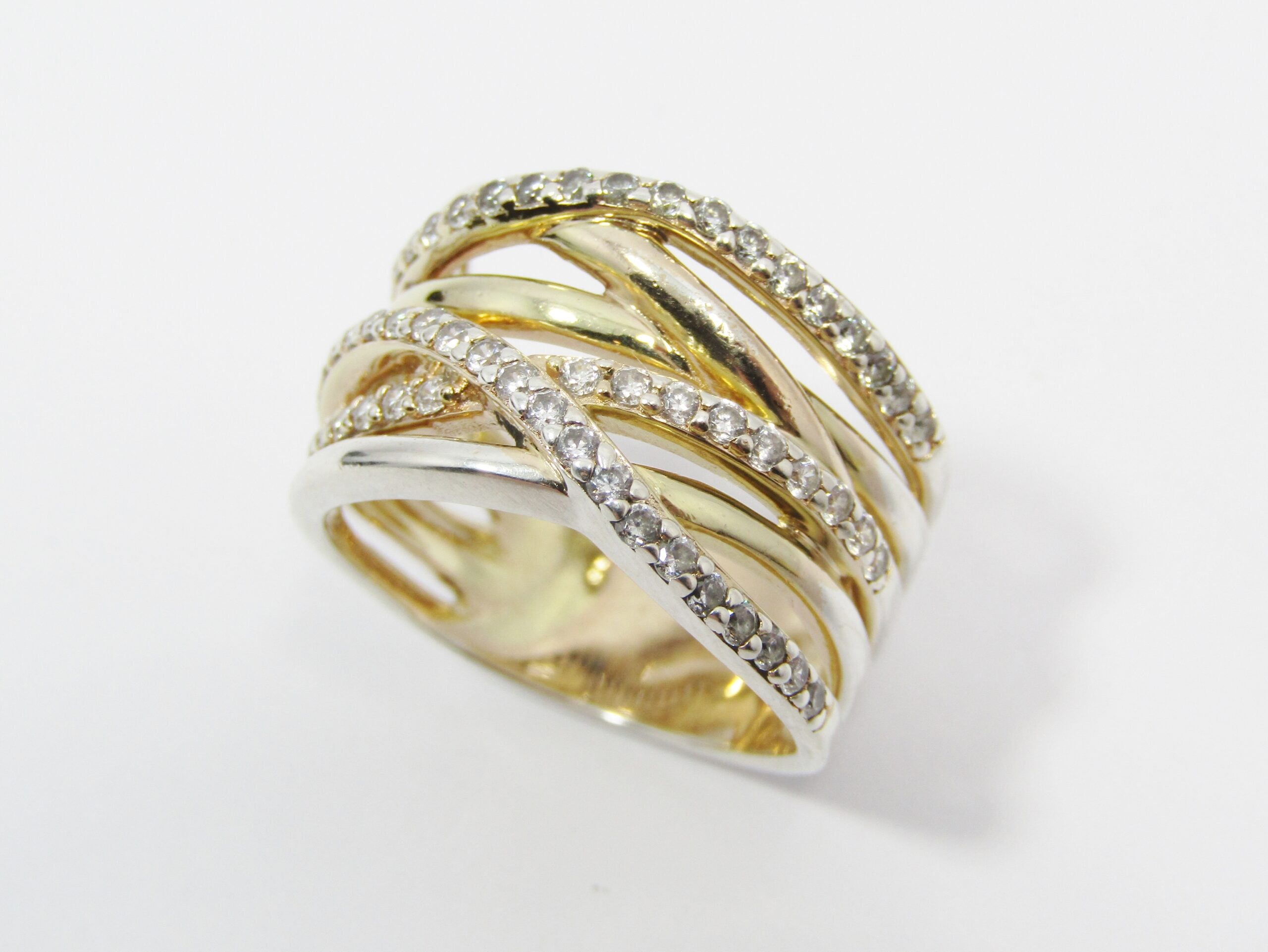 A Stunning Rolled Gold On Sterling Silver Cross Over Design Ring With Tiny Zirconia’s