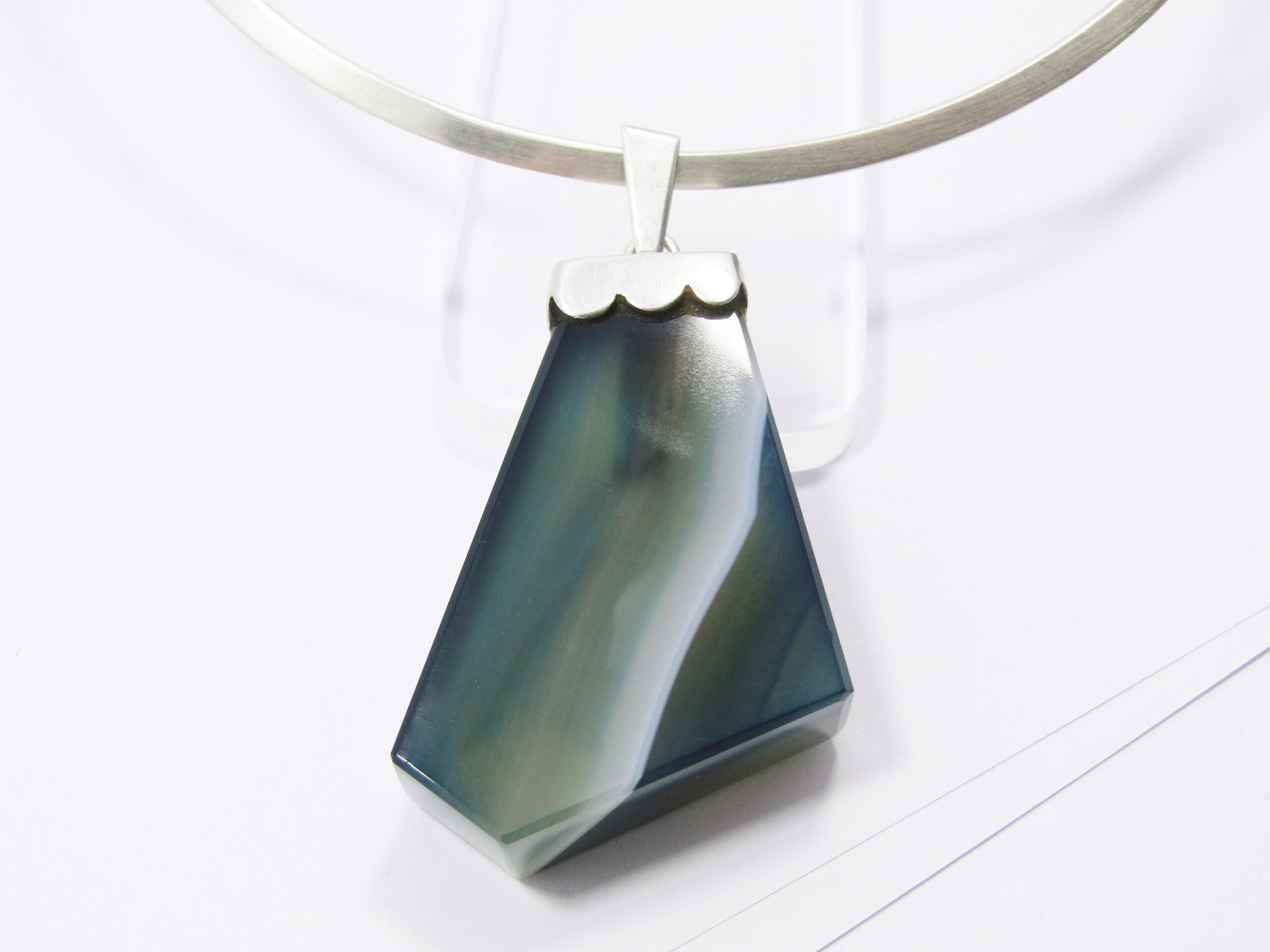 A Beautiful Huge Agate Gemstone Pendant on a Solid Cuff Necklace in Sterling Silver