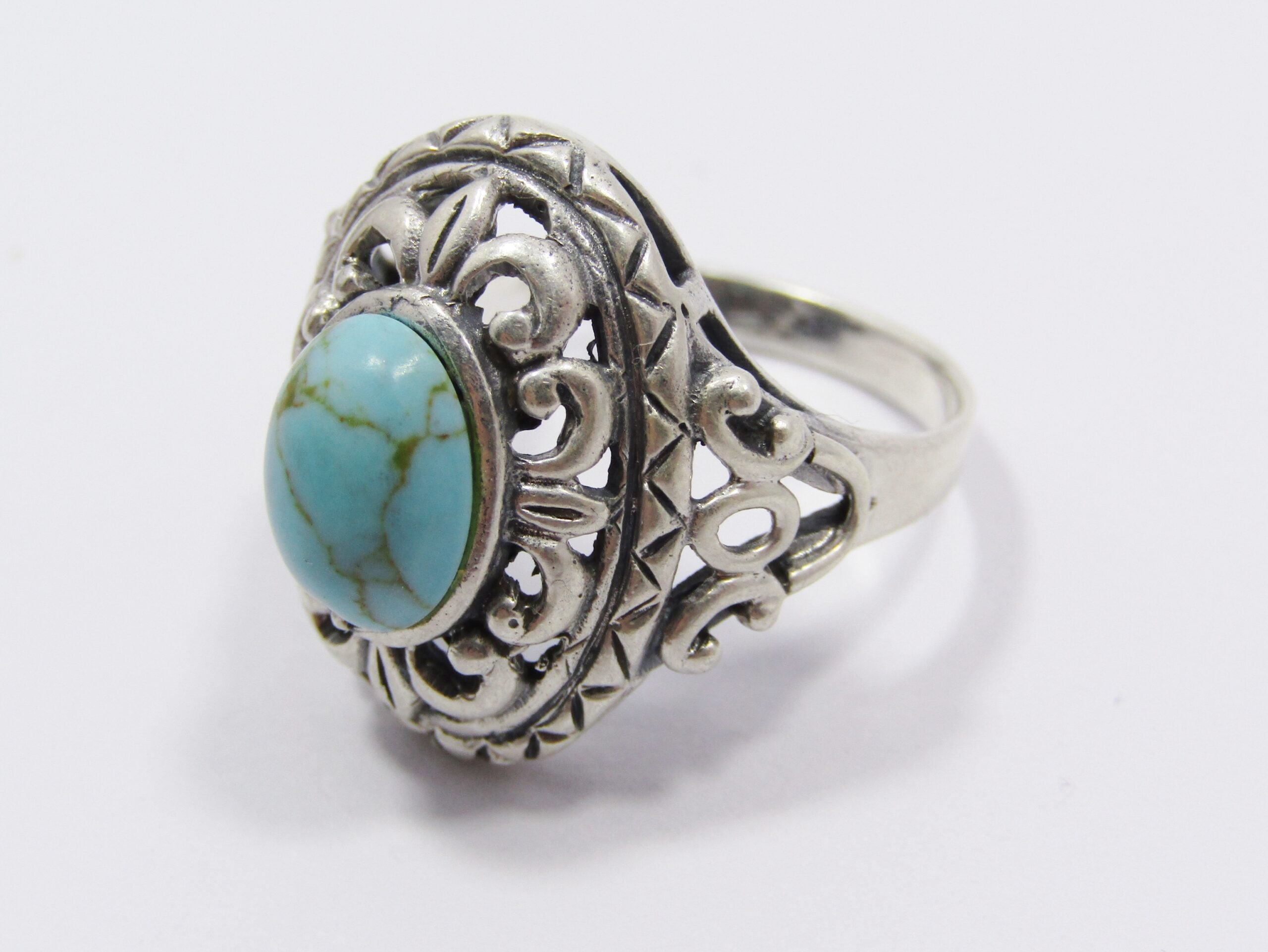 A Beautiful Detailed Chunky Faux Turquoise Stone Ring in Sterling Silver.