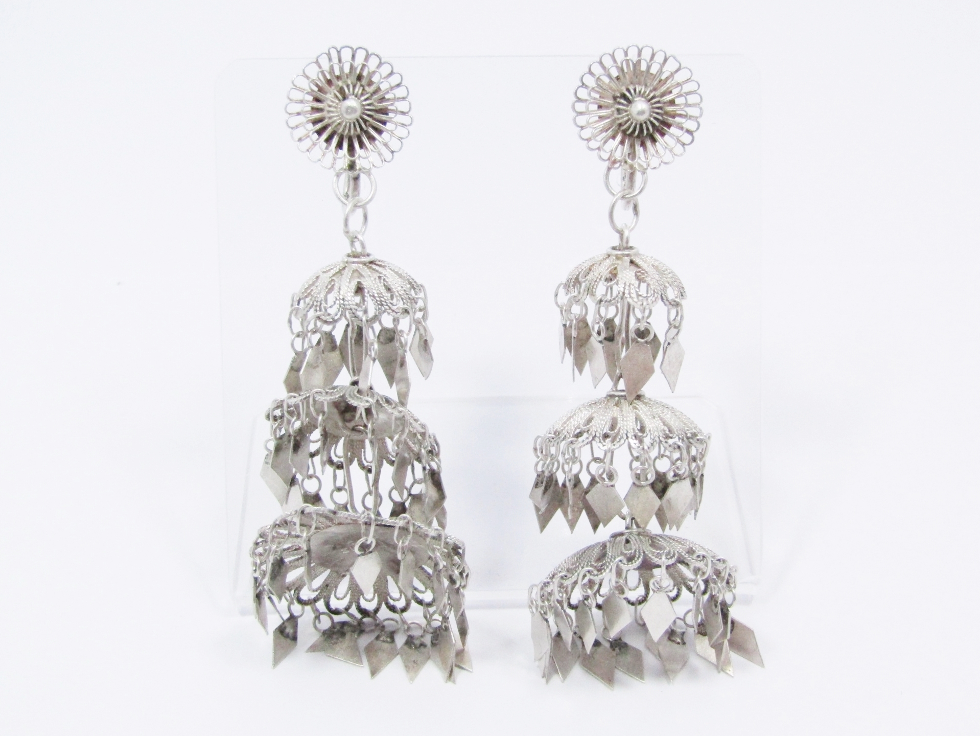 A Gorgeous Pair of Filigree Gypsy Design Chandelier Earrings in Sterling Silver