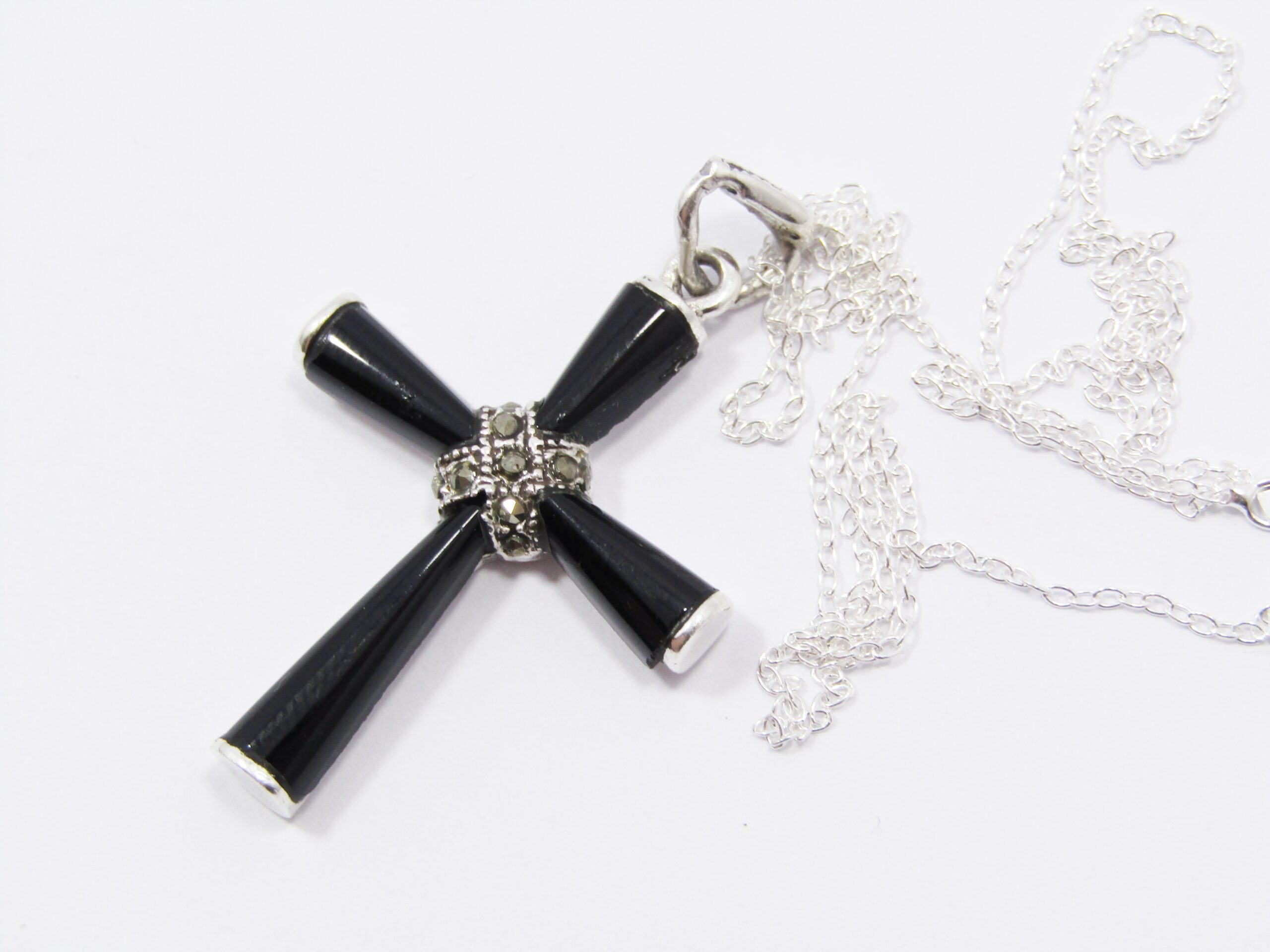 A Stunning Onyx Cross With Marcasite’s On Chain in Sterling Silver