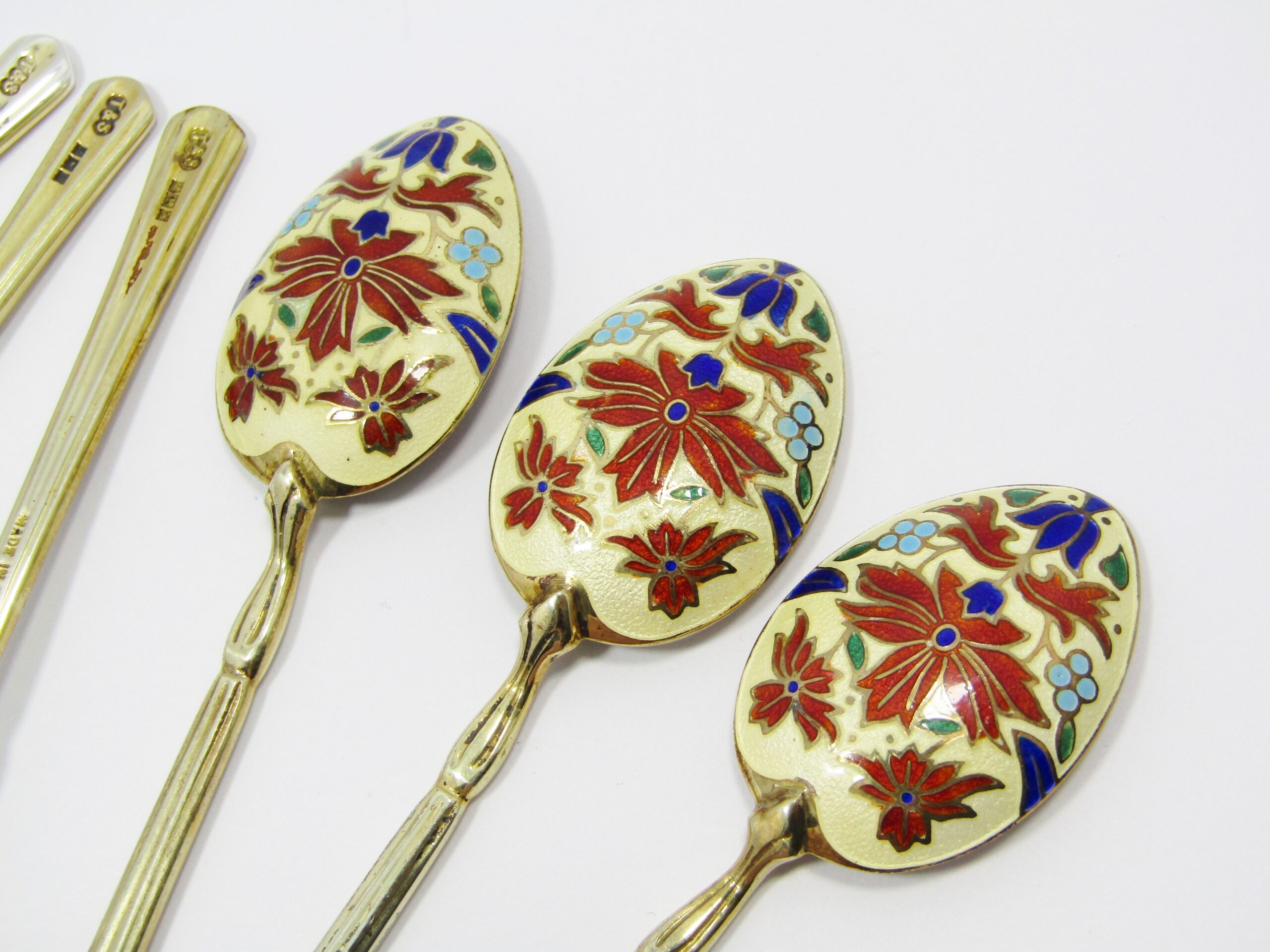 Vintage (c1956) English Hallmarked Silver & Enameled Tea Spoons, Boxed