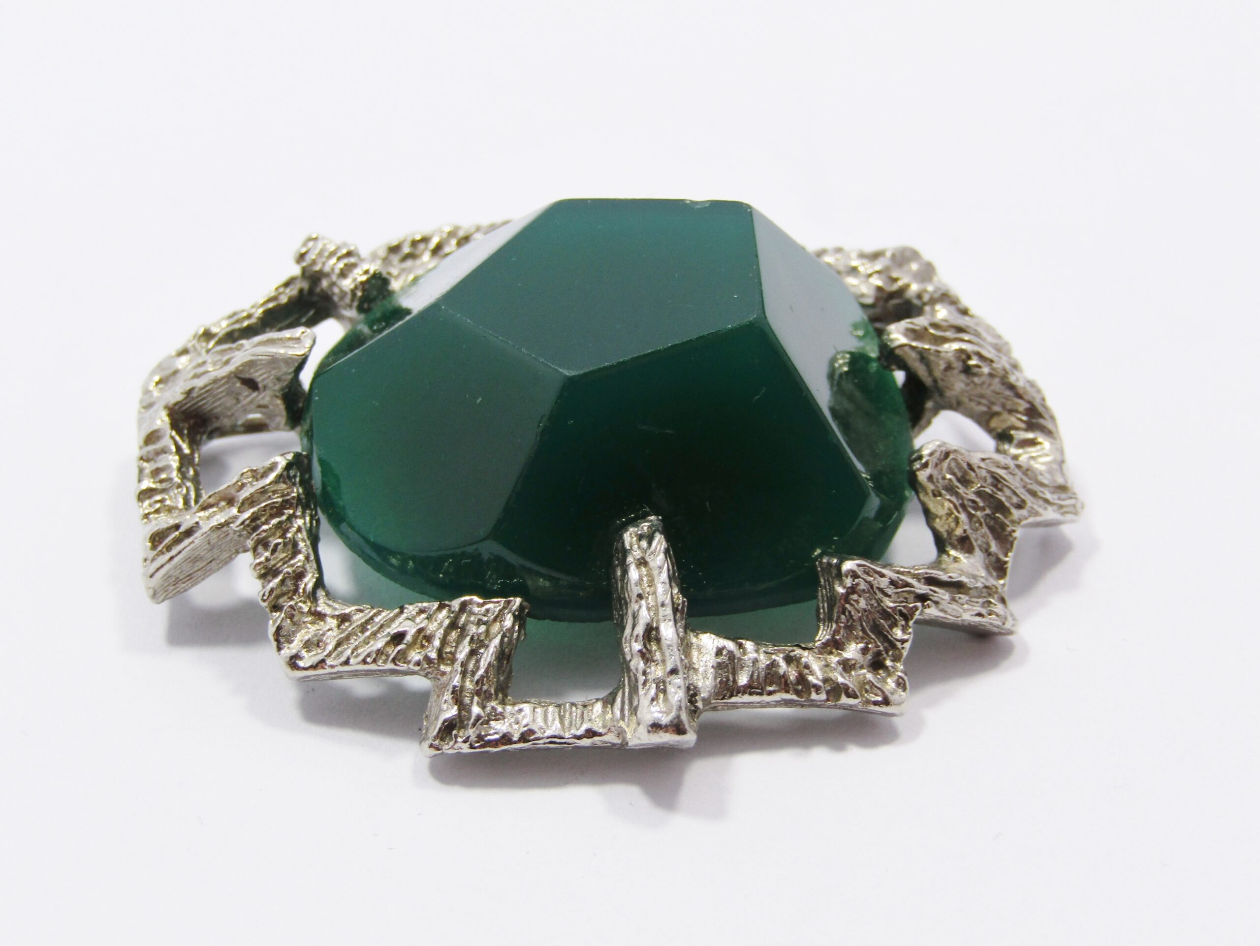 A Gorgeous Brutalist Design Silver Tone Brooch With a Huge Green Stone