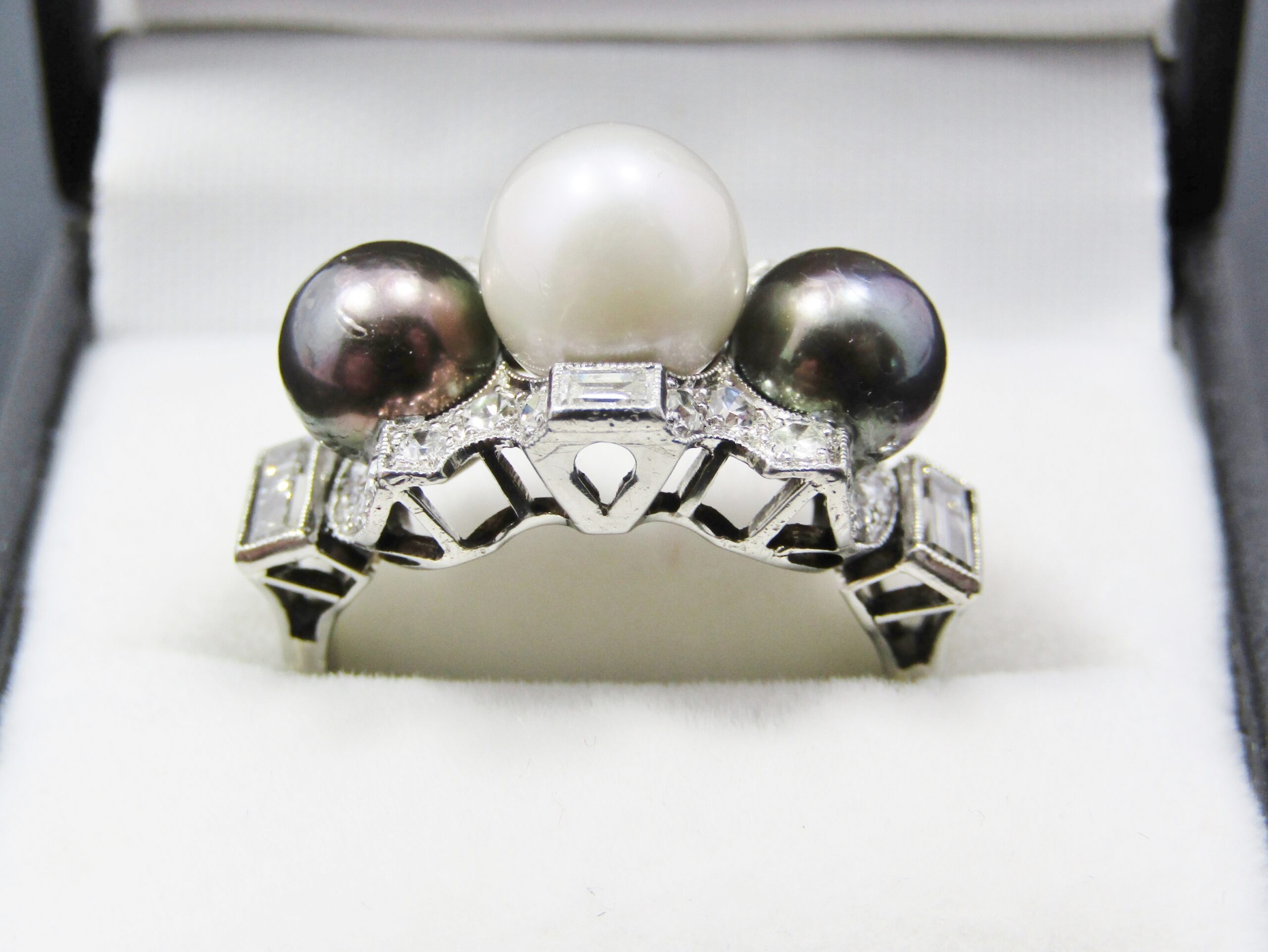 Exquisite! c1940 Art Deco White Gold, Pearl & Diamond Ring