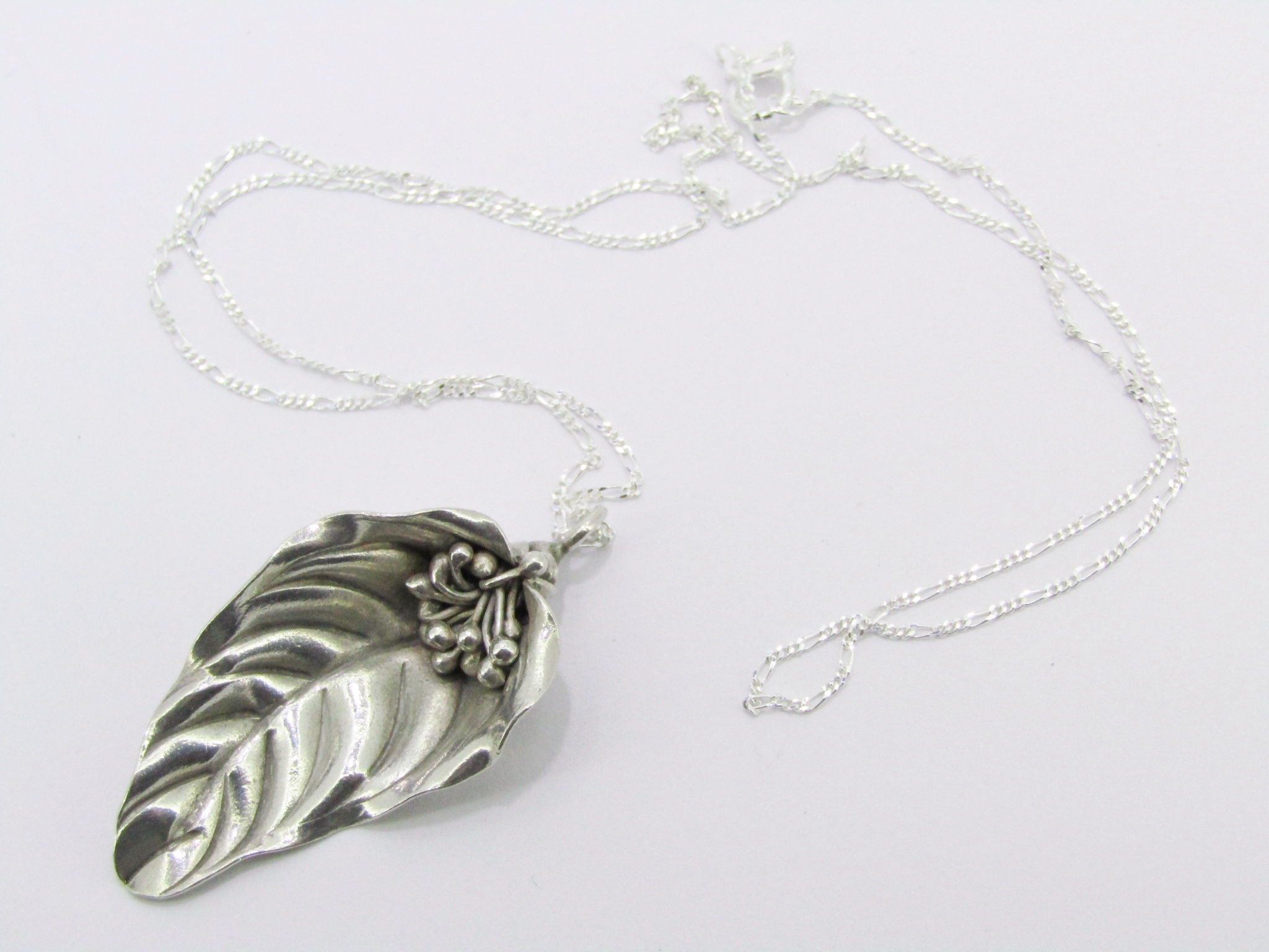 A Beautiful Handmade Leaf Design Pendant on Chain in Sterling Silver.