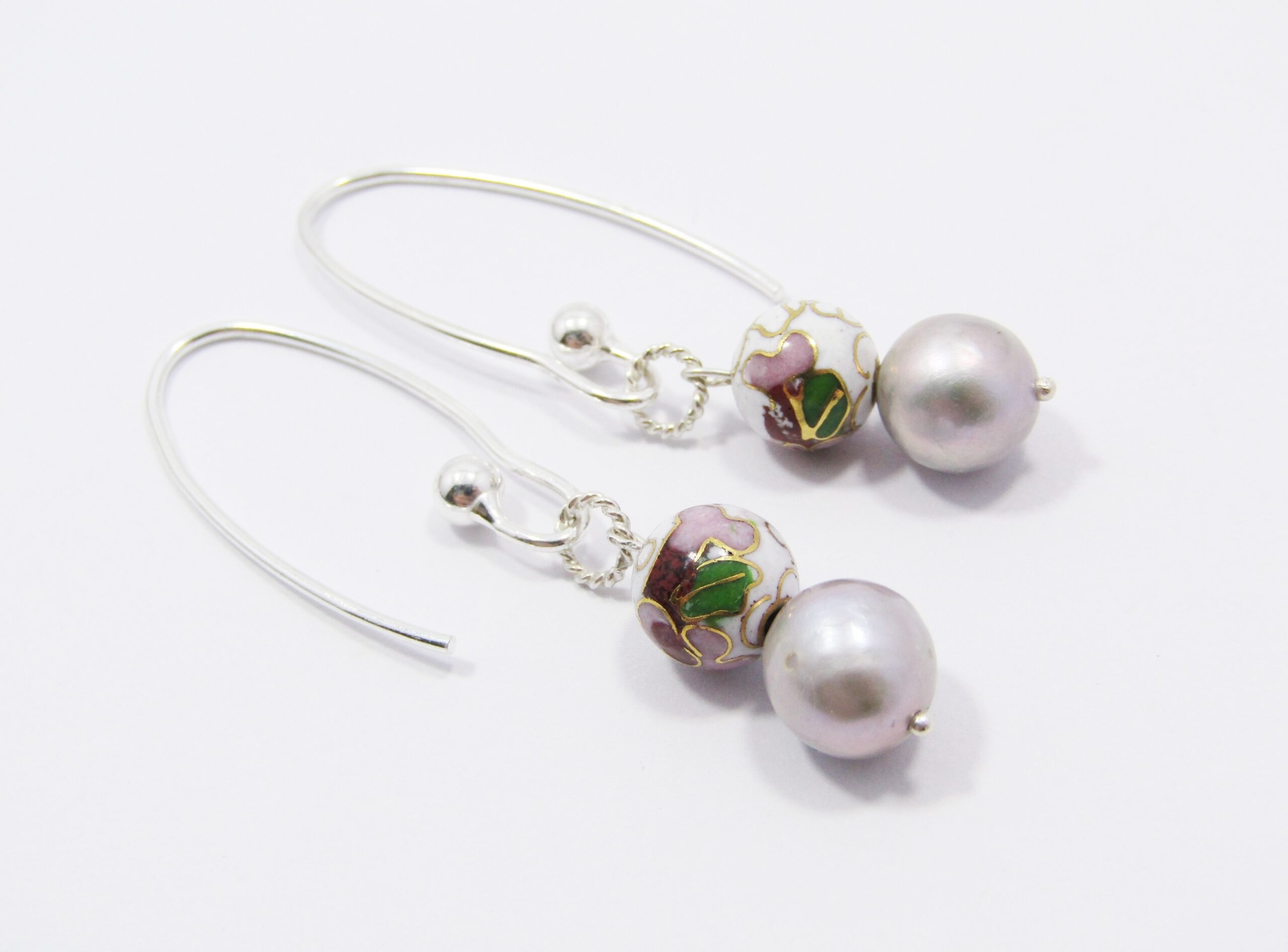 Pair of Dove Grey Fresh Water Pearls and Cloisonné Beads Dangling Earrings