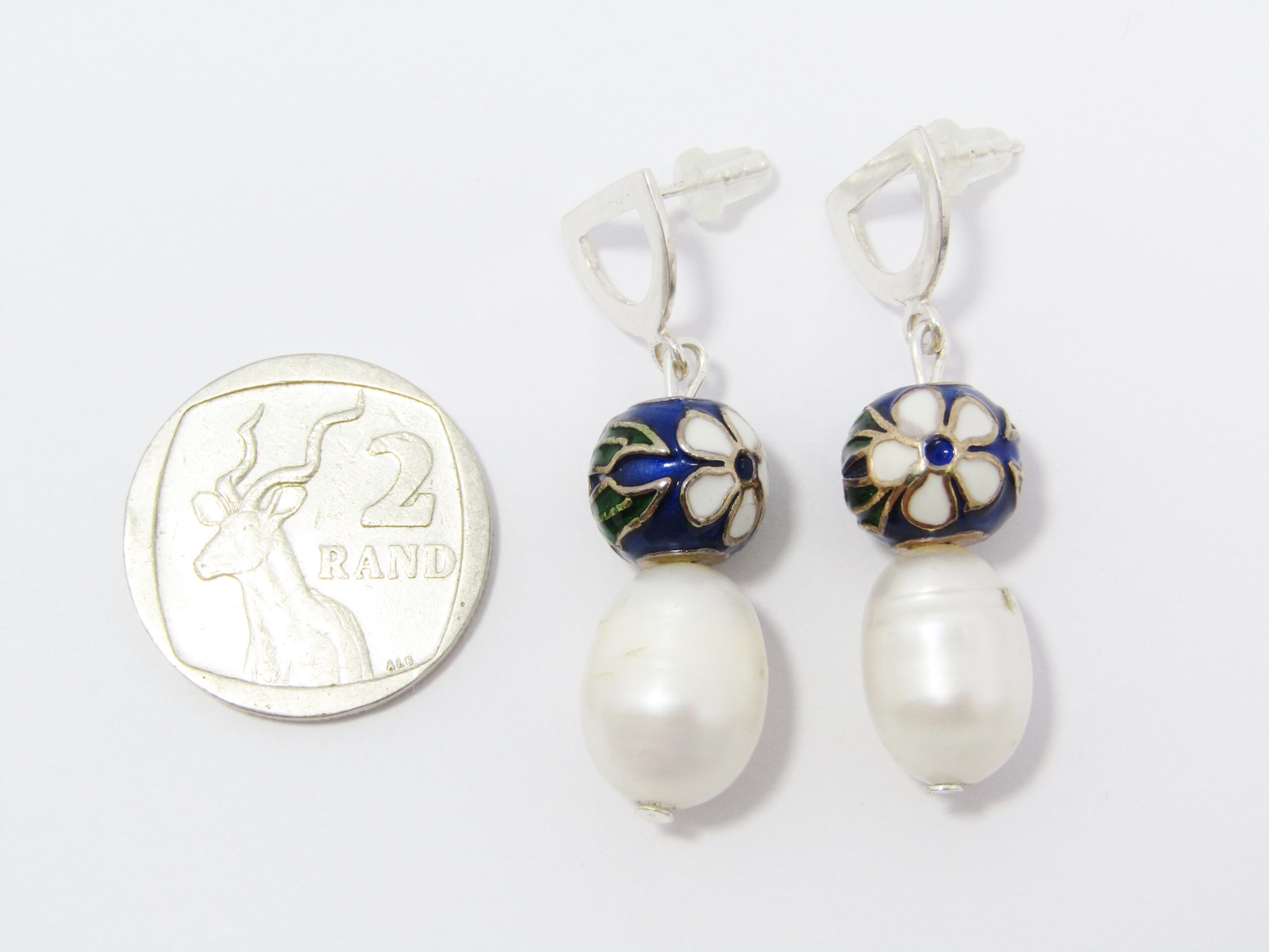 A Gorgeous Pair of Large Fresh Water pearls and Cloisonné Ball Earrings in Sterling Silver.