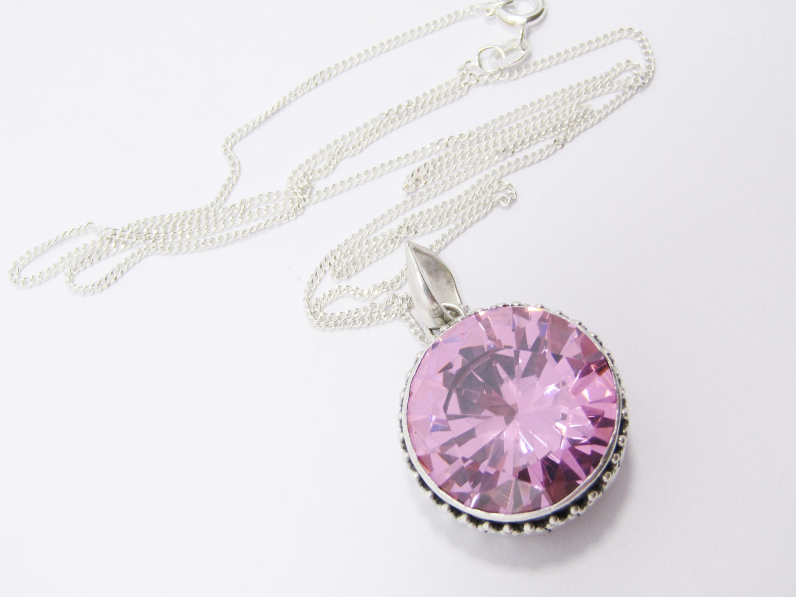 A Lovely Large Pink Zirconia Pendant on Chain in Sterling Silver