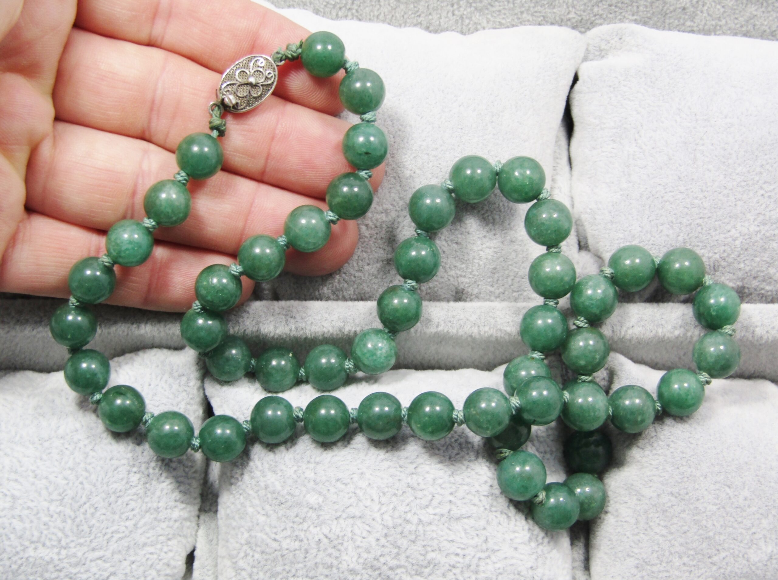 A Gorgeous String Of Aventurine Beads With a Oriental Vintage Clasp in Sterling Silver
