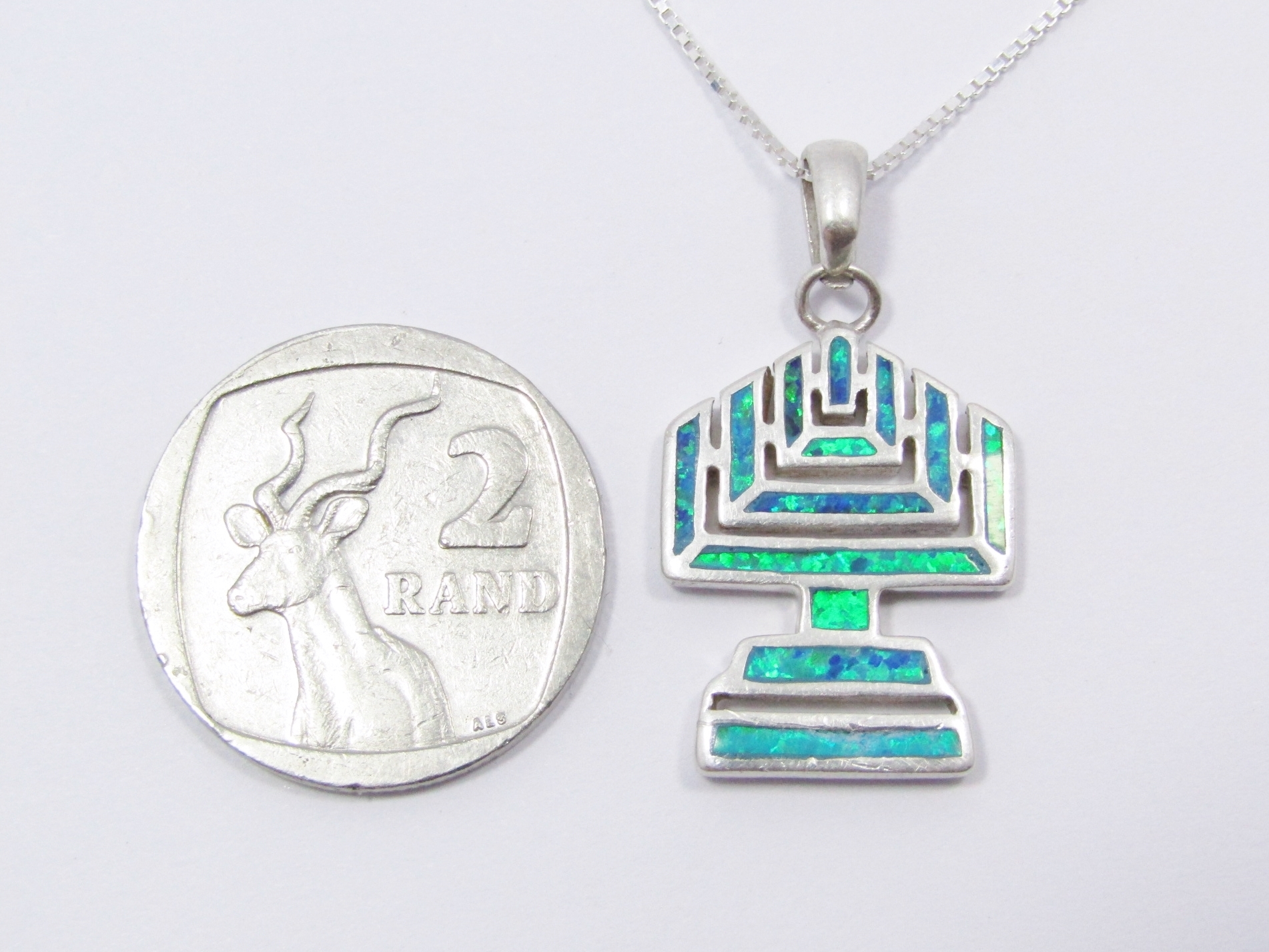 A Lovely Faux Opal Menorah Candle Pendant On Chain in Sterling Silver