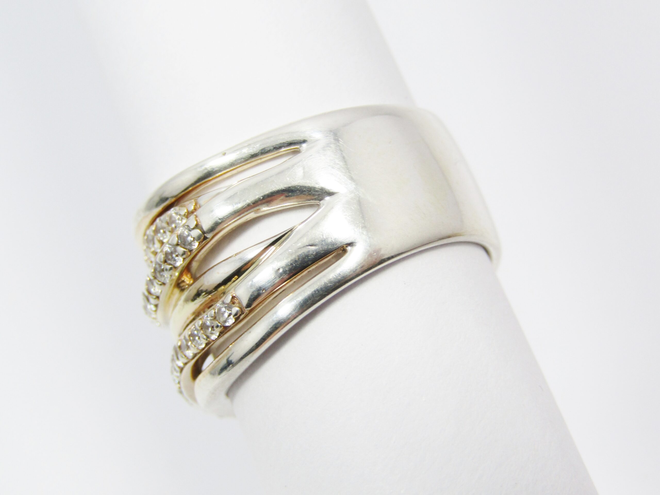 A Stunning Rolled Gold On Sterling Silver Cross Over Design Ring With Tiny Zirconia’s