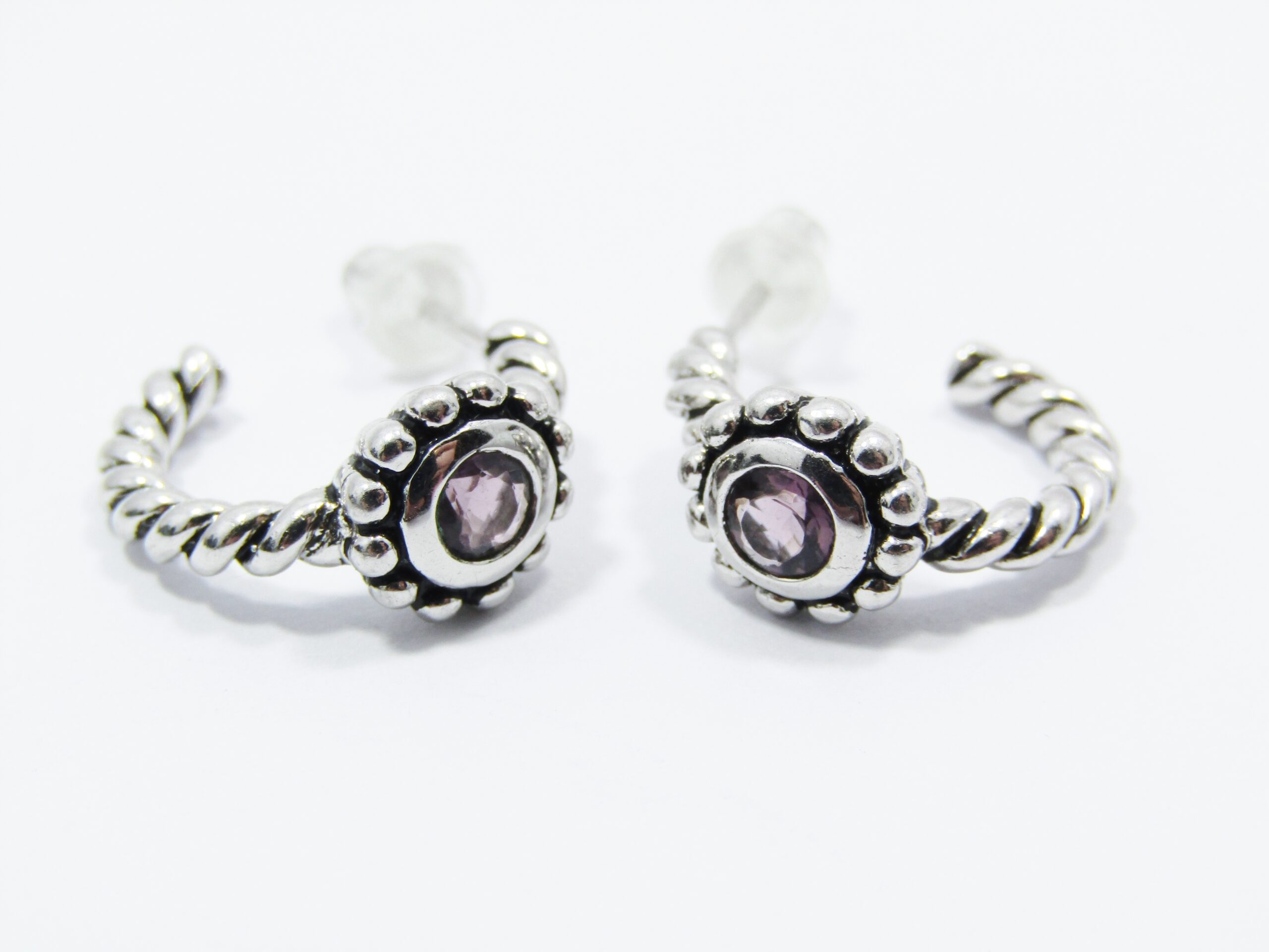 A Lovely Pair of Rope Design Earrings with an Amethyst Stone in Sterling Silver.