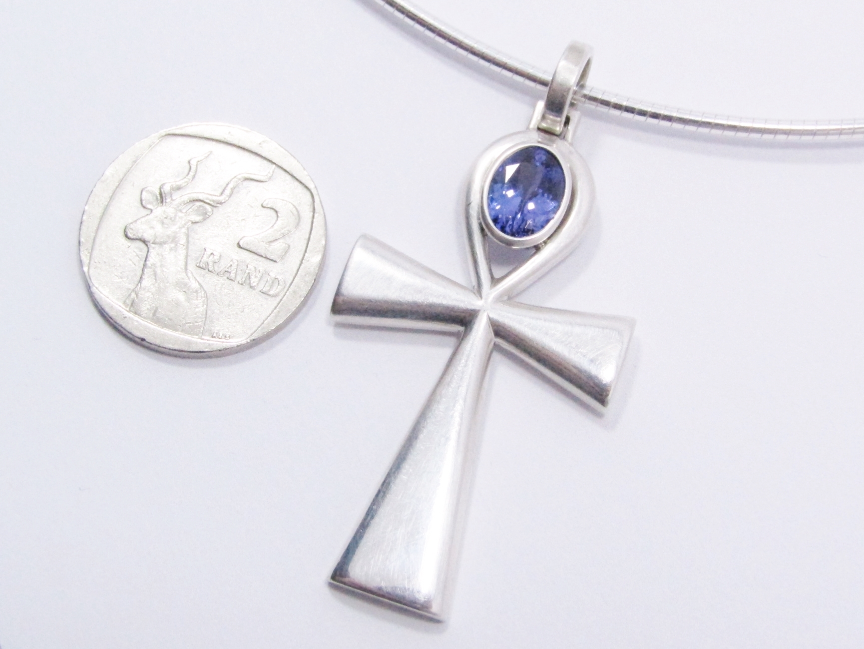 Bespoke Designer Cross Pendant with 2CT Tanzanite on Omega Necklace