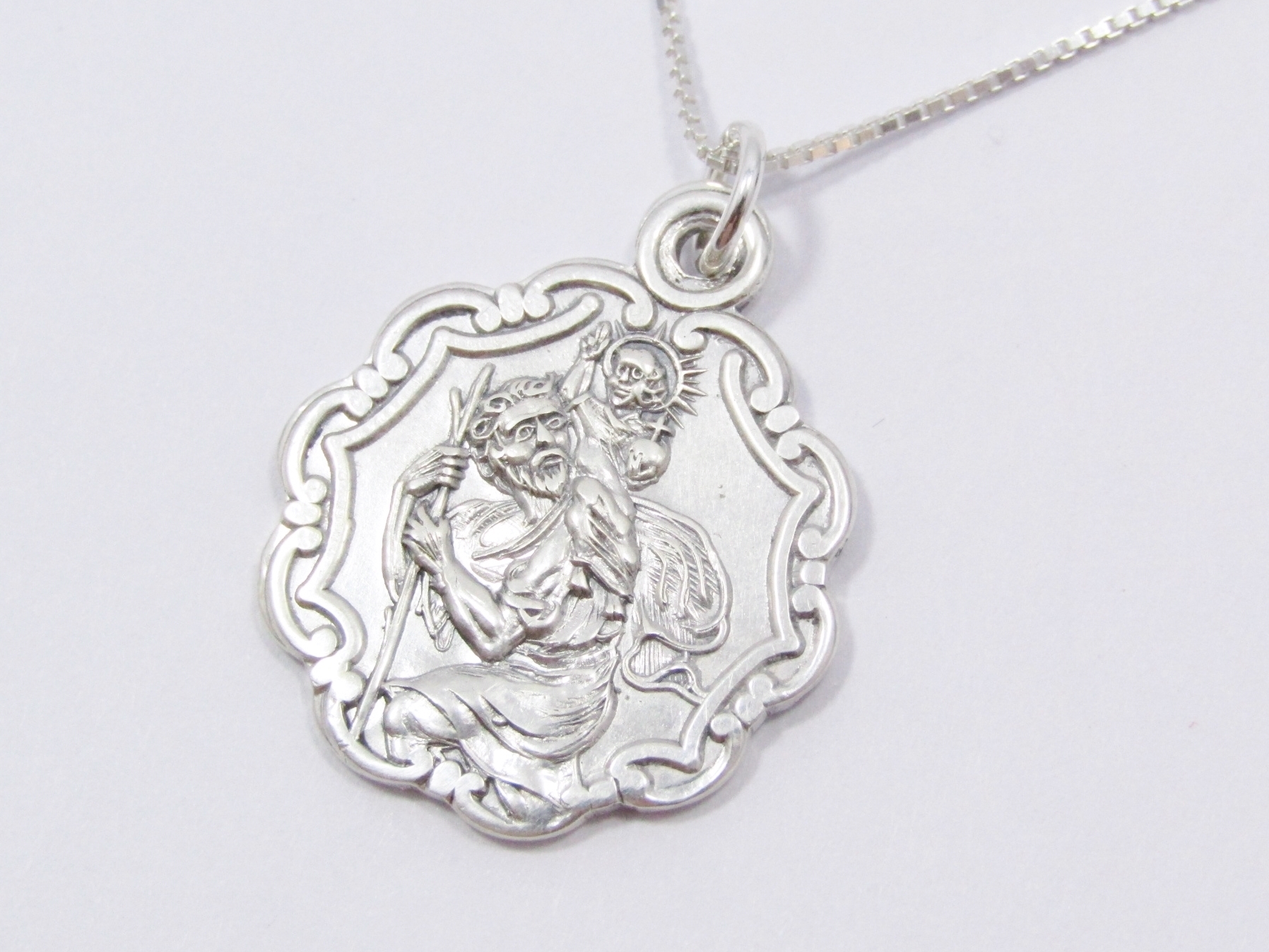 A Stunning ! Vintage Detailed St Cristopher Pendant on Chain in Sterling Silver.