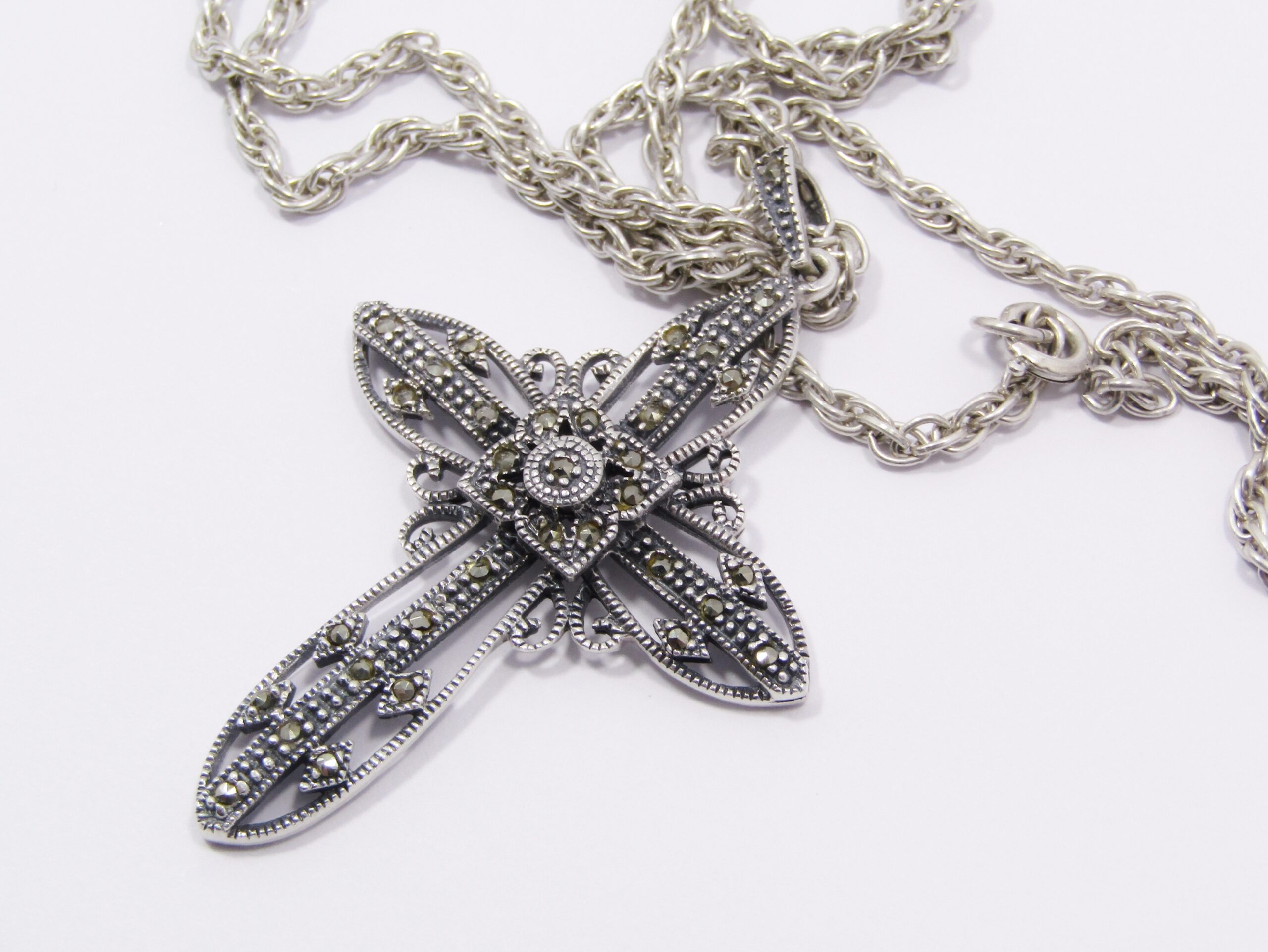 A Stunning Detailed Marcasite Cross On Chain in Sterling Silver.