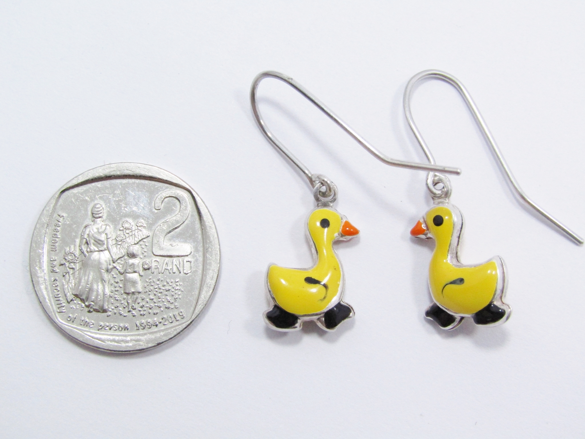 A Lovely pair of Enamel Duck Dangling Earrings in Sterling Silver.