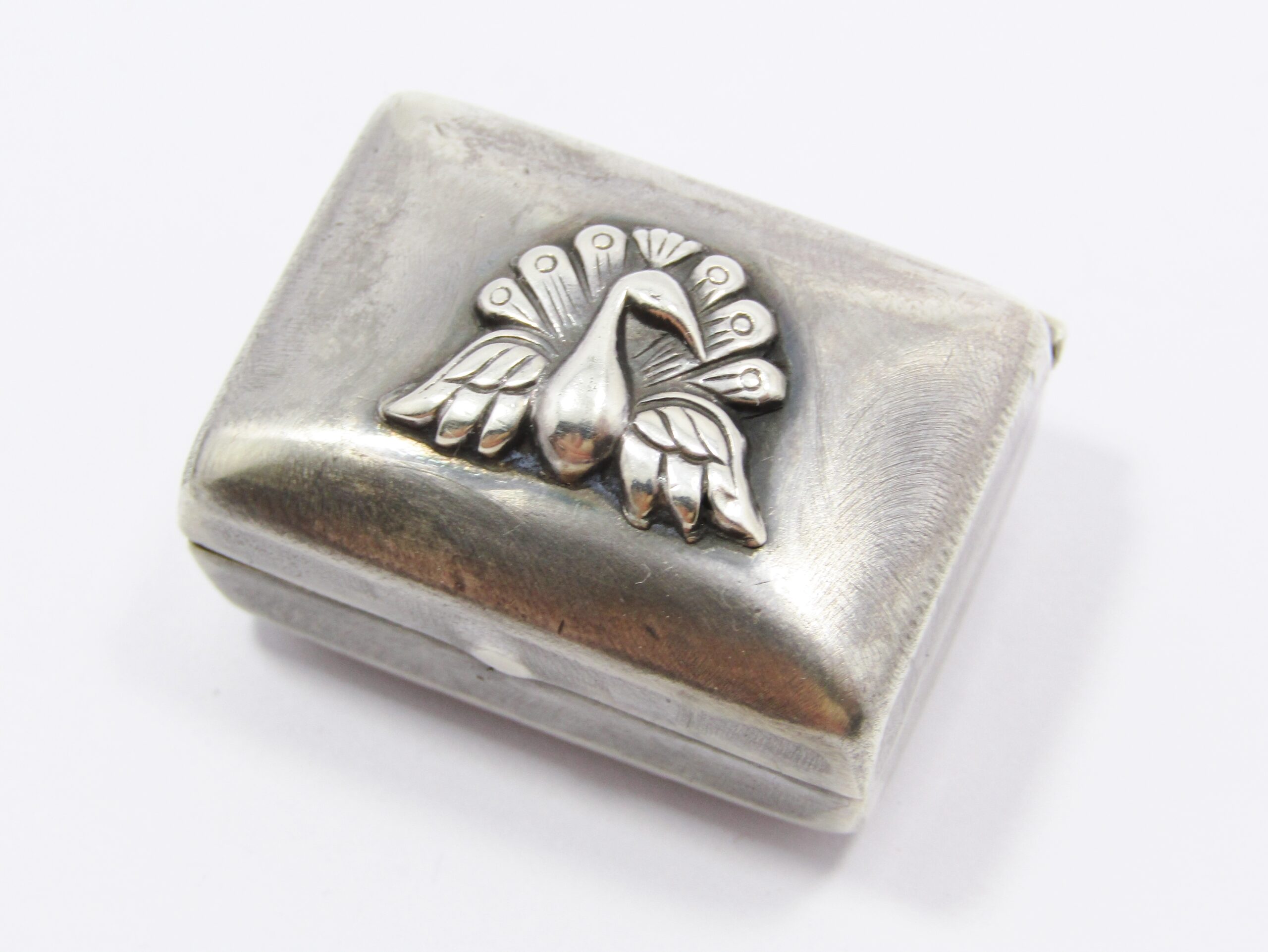A Gorgeous Vintage Peacock Design Pill Box In 800 Silver