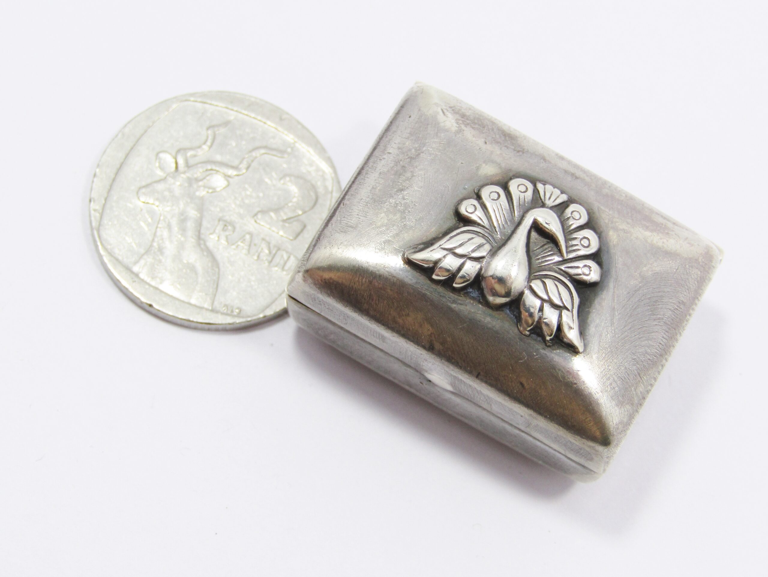A Gorgeous Vintage Peacock Design Pill Box In 800 Silver
