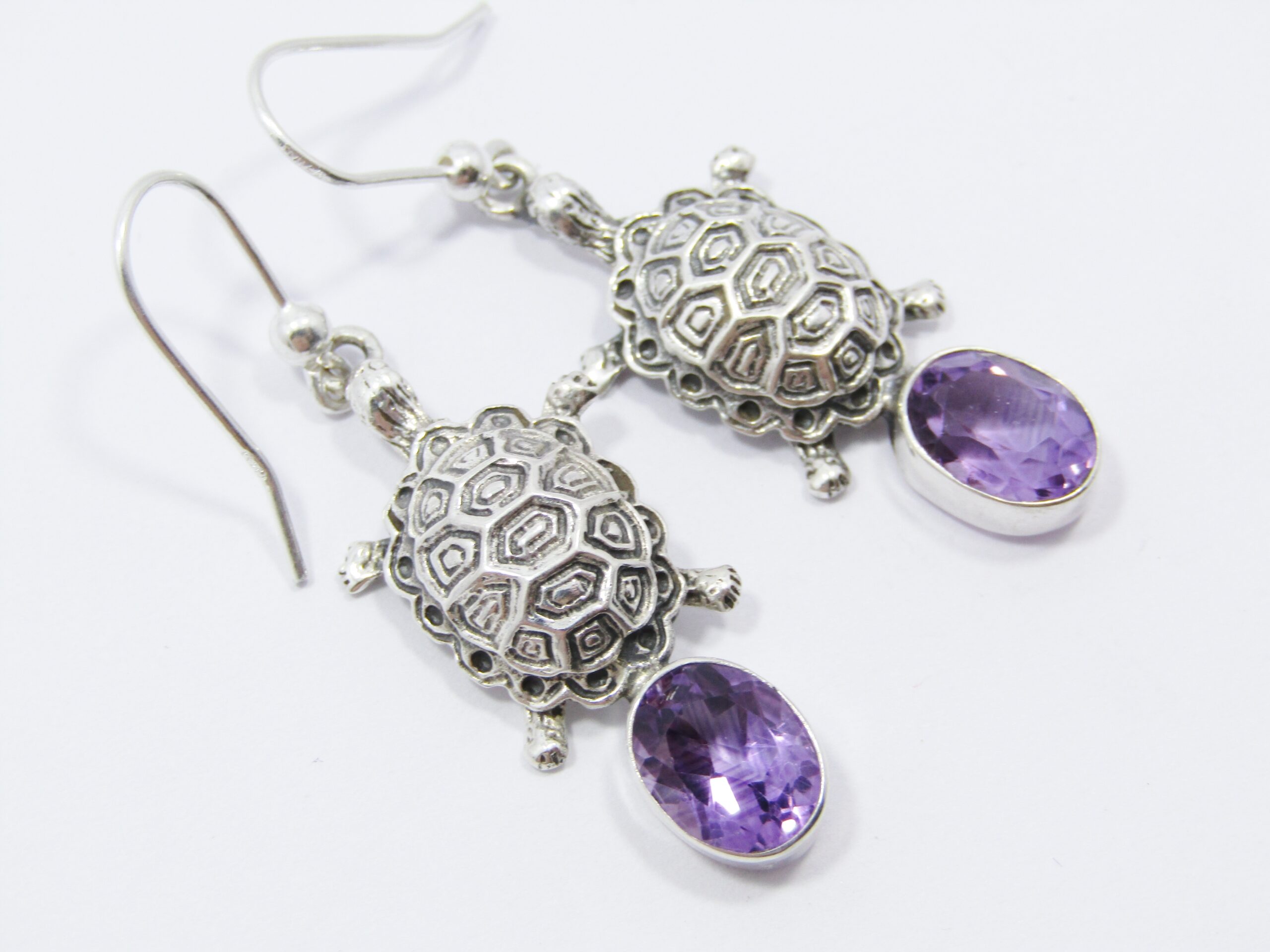 A Gorgeous Pair of Turtle Earrings With Amethyst Gemstones in Sterling Silver.