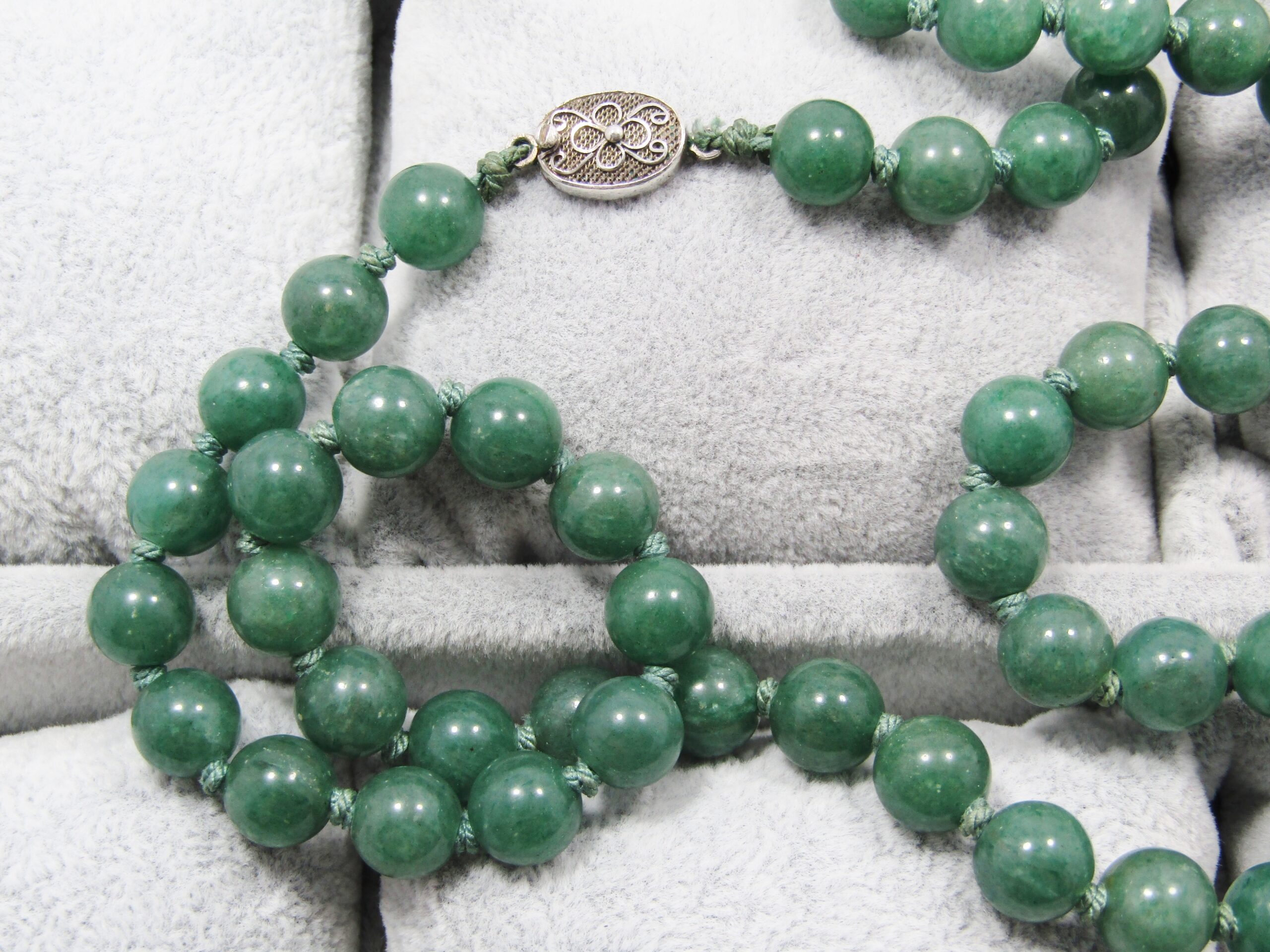 A Gorgeous String Of Aventurine Beads With a Oriental Vintage Clasp in Sterling Silver