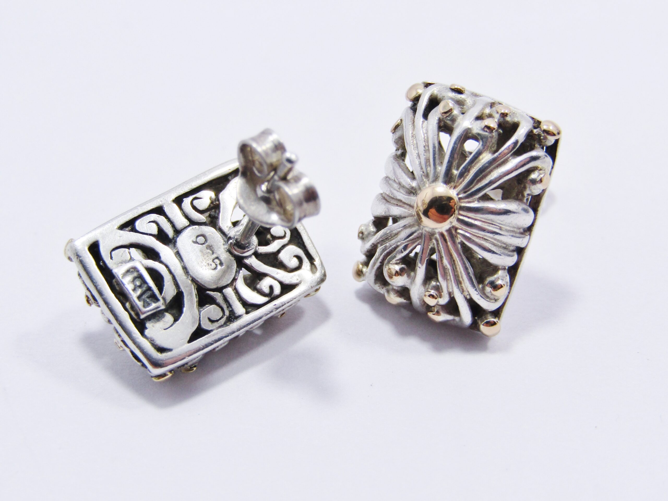 A Gorgeous Pair of Filigree Two Tone Earrings in Sterling Silver and 18ct Gold