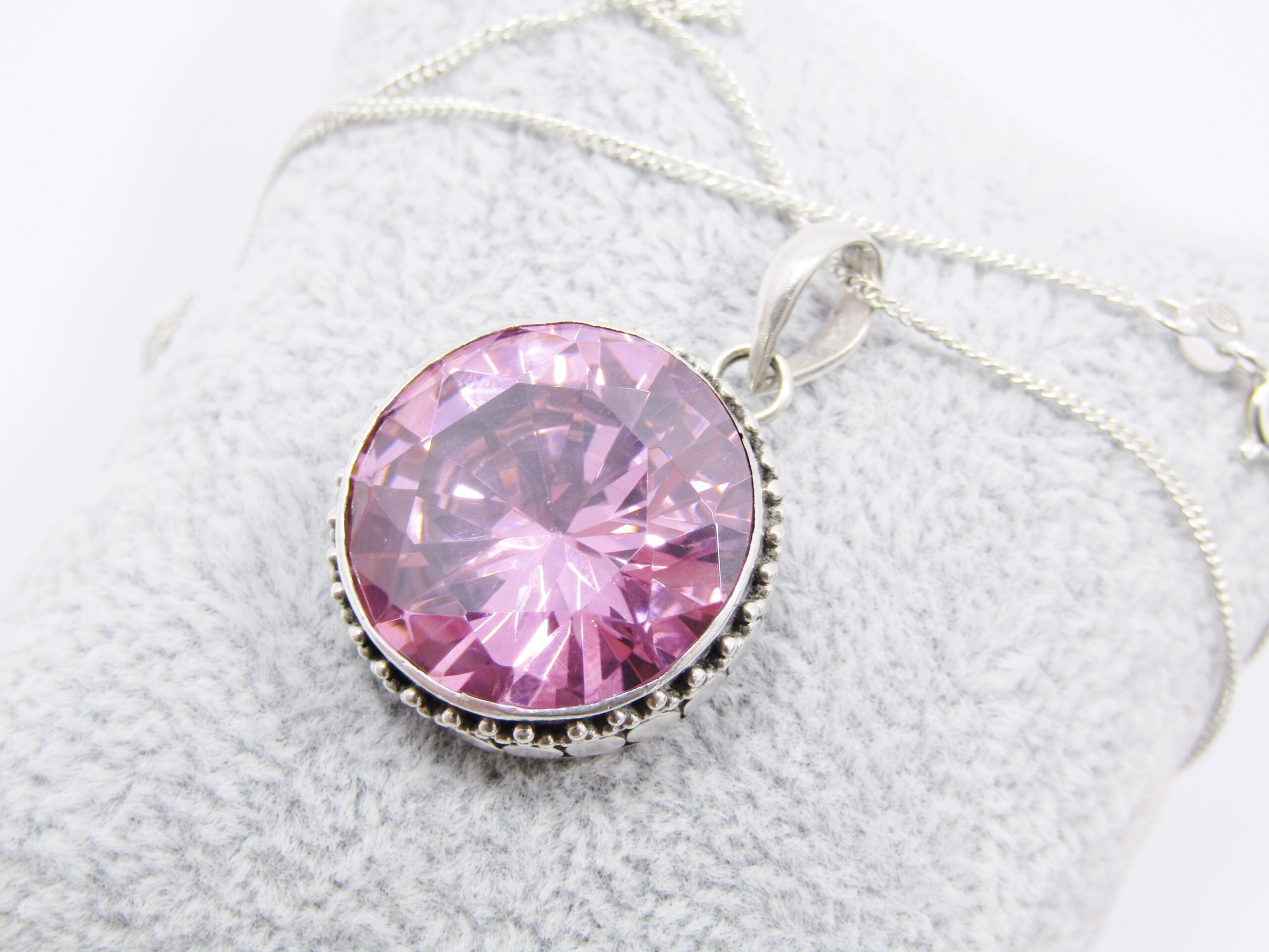 A Lovely Large Pink Zirconia Pendant on Chain in Sterling Silver