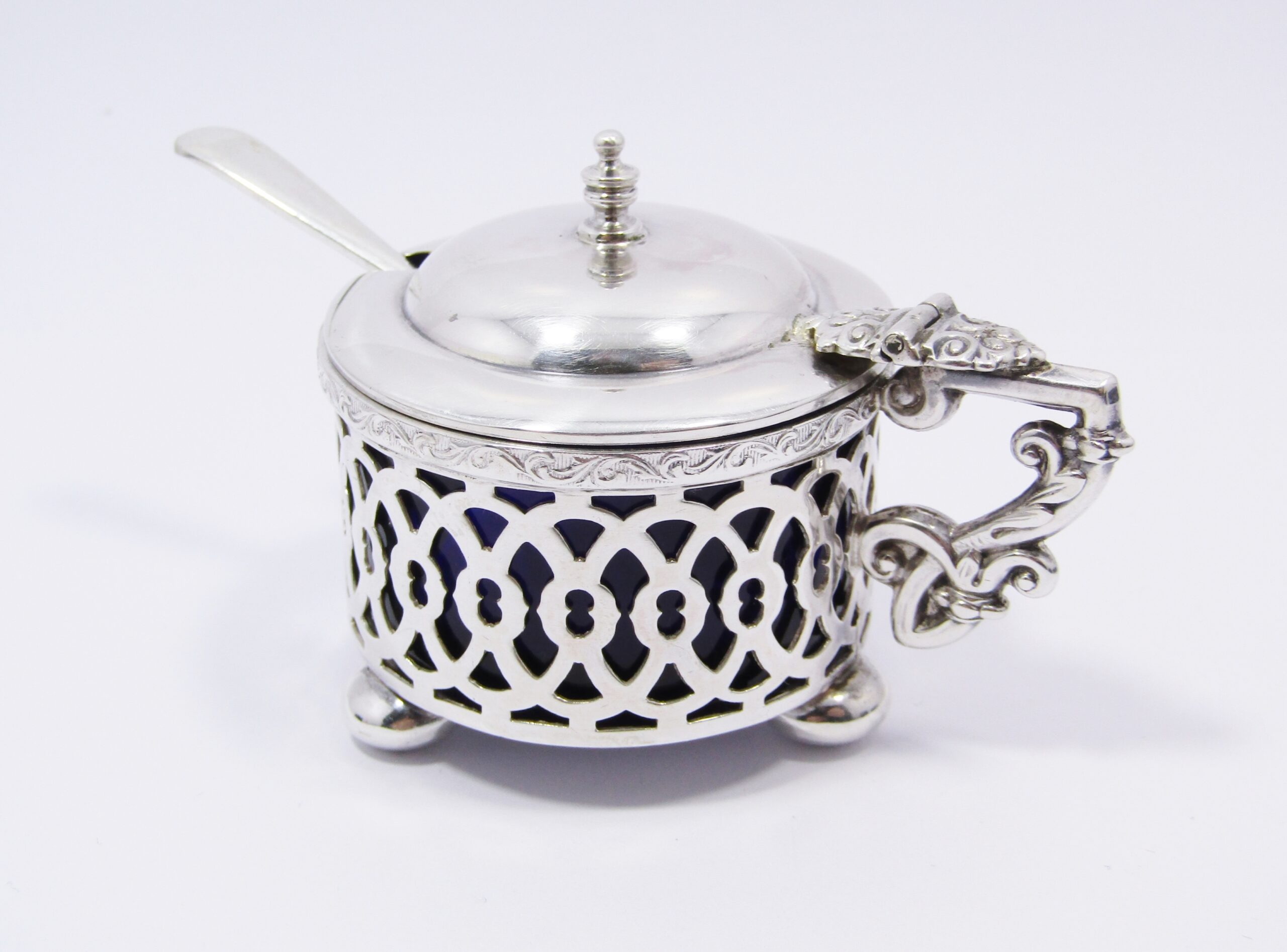 Antique (c1906) Ornate Sterling Silver Mustard Pot with Spoon