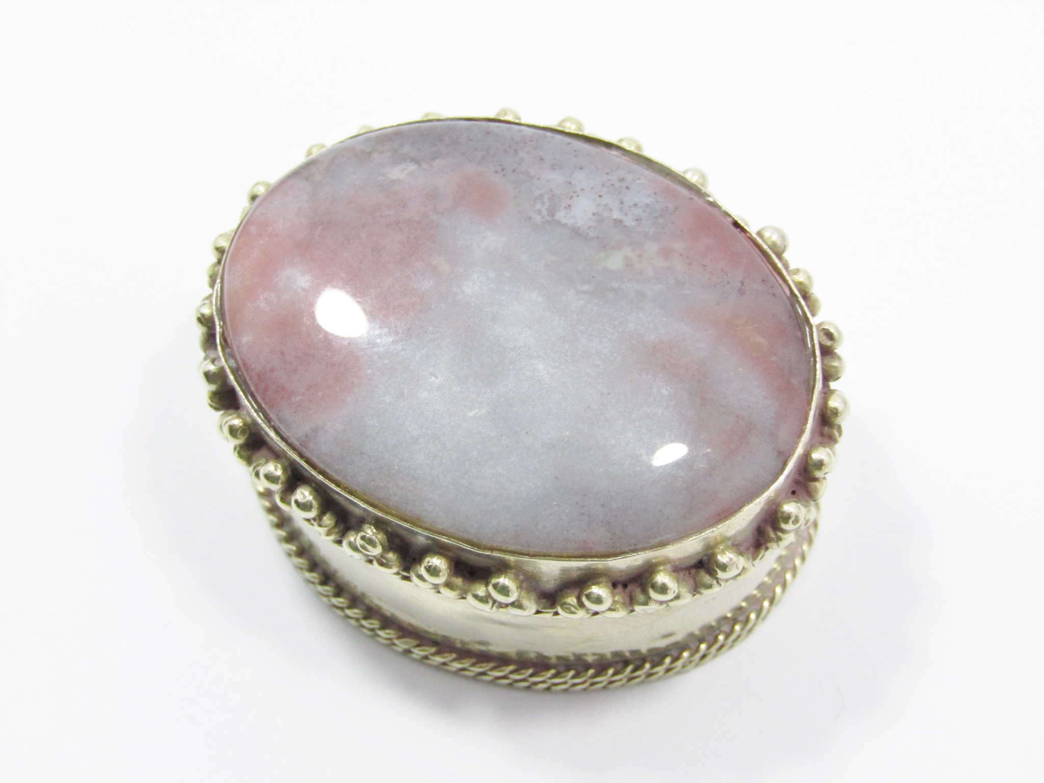 An Amazing Agate Stone Pill Box in a Silver Tone