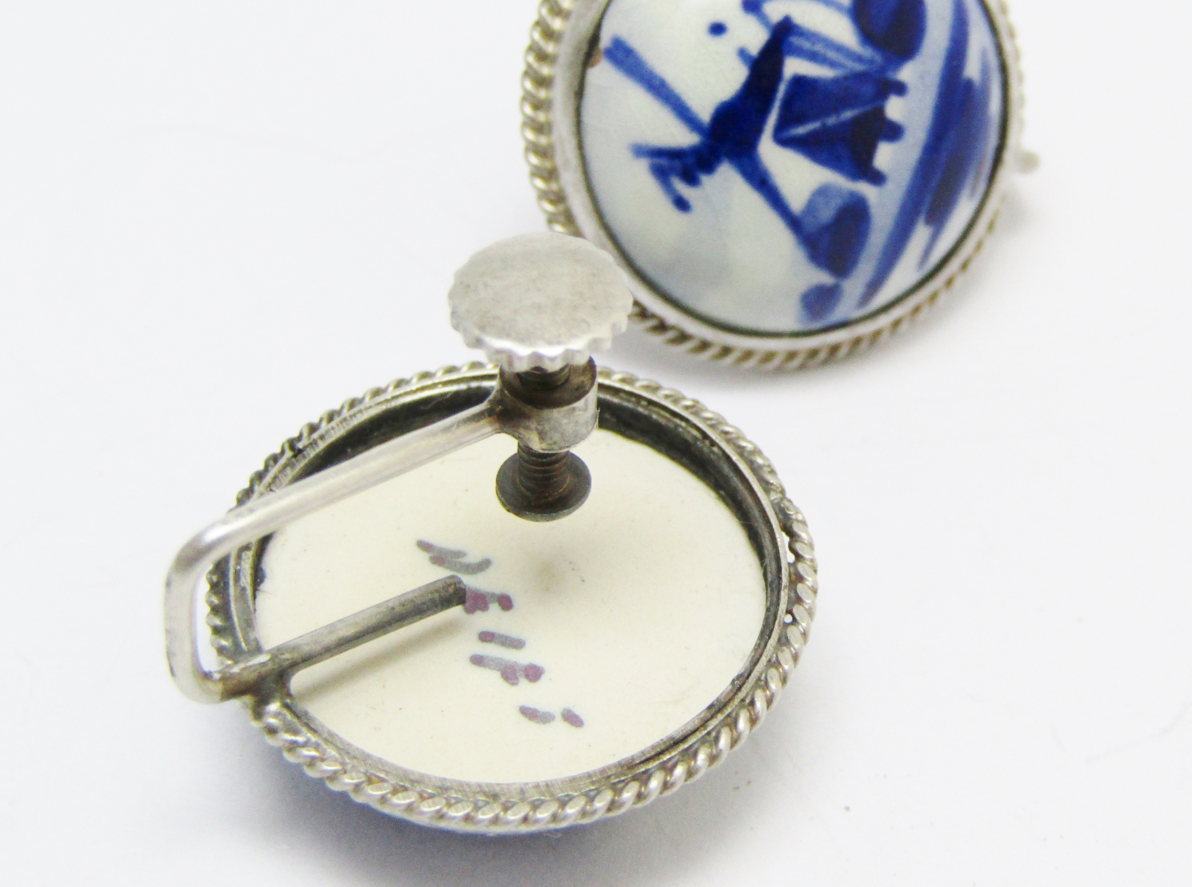A Lovely Large Pair of Delft Screw Back Earrings in Sterling Silver.