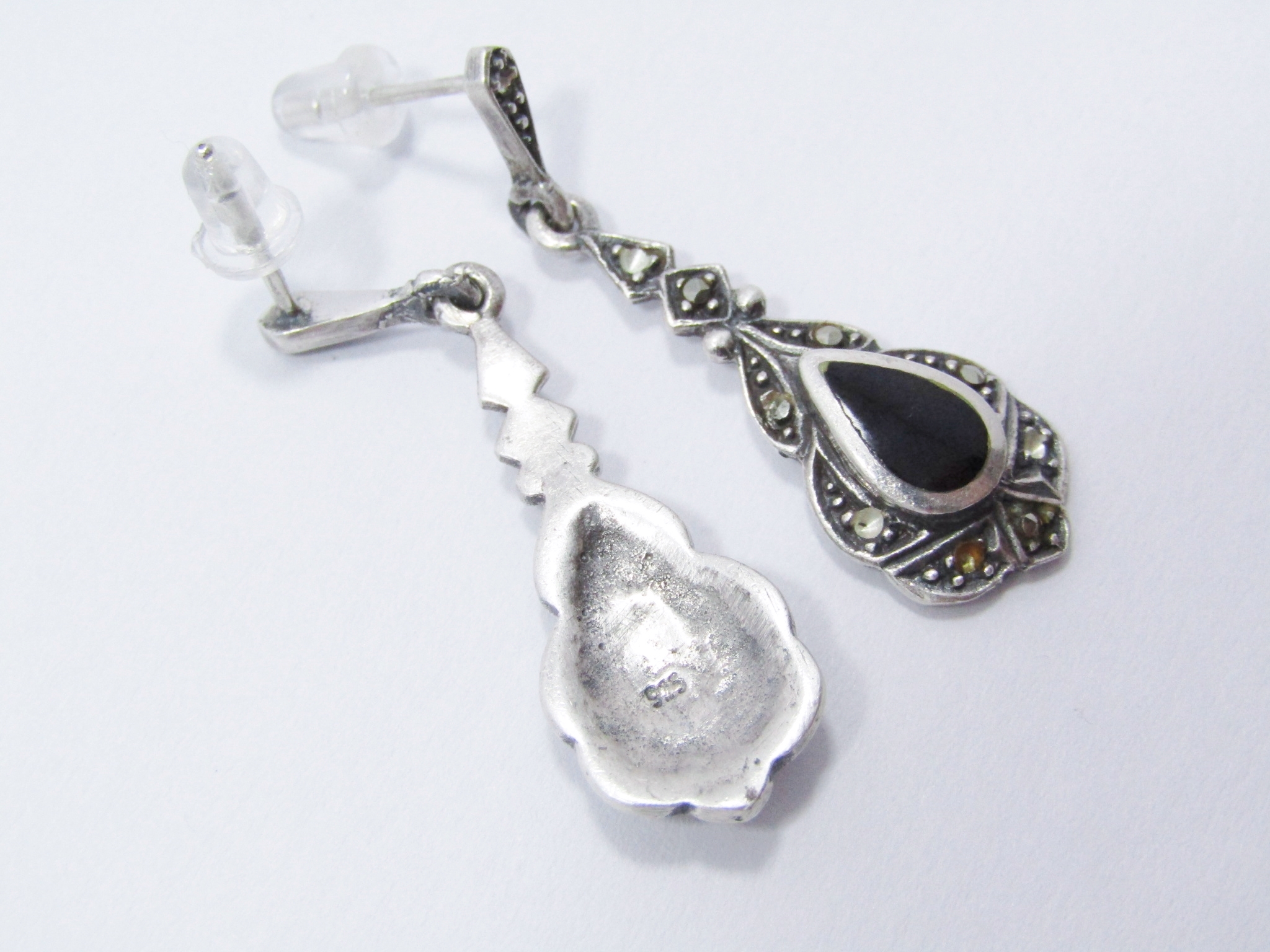 Beautiful Vintage Design Drop Earrings With Black Stone And Marcasite’s in Sterling Silver.