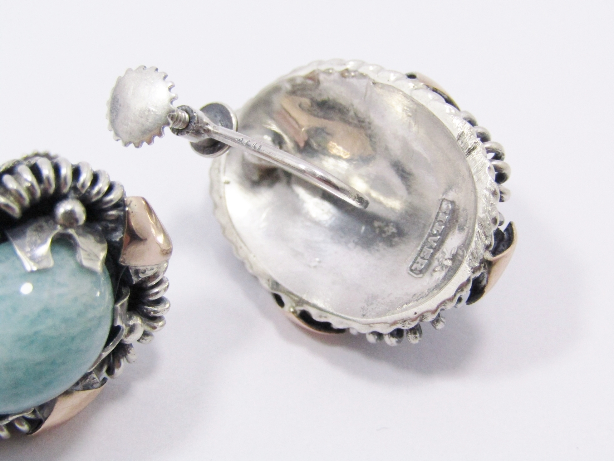 A Gorgeous Pair of Two Tone Aventurine Screw Back Earrings in Sterling Silver