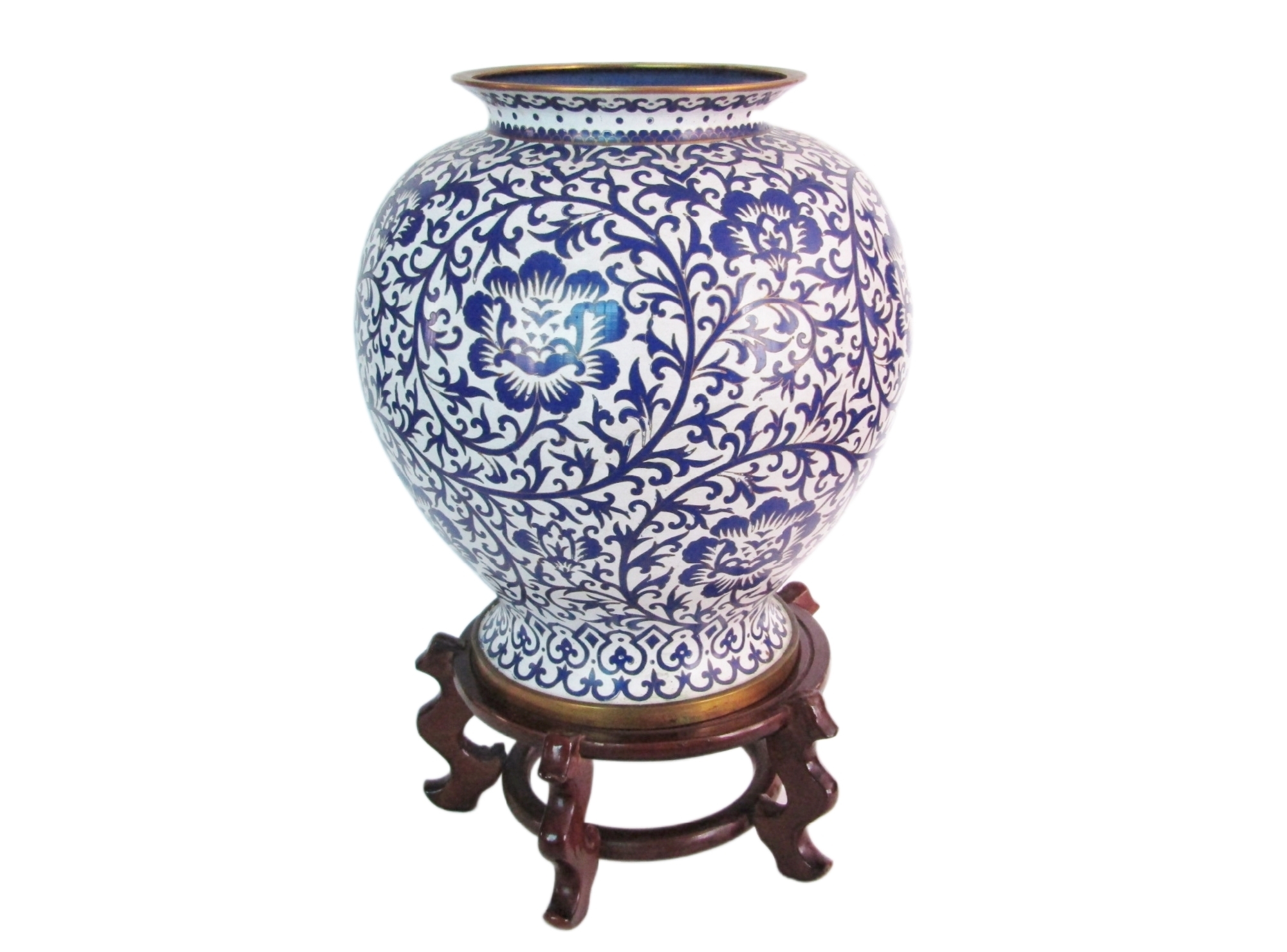 Gorgeous Large Blue And White Cloisonné Vase On Stand