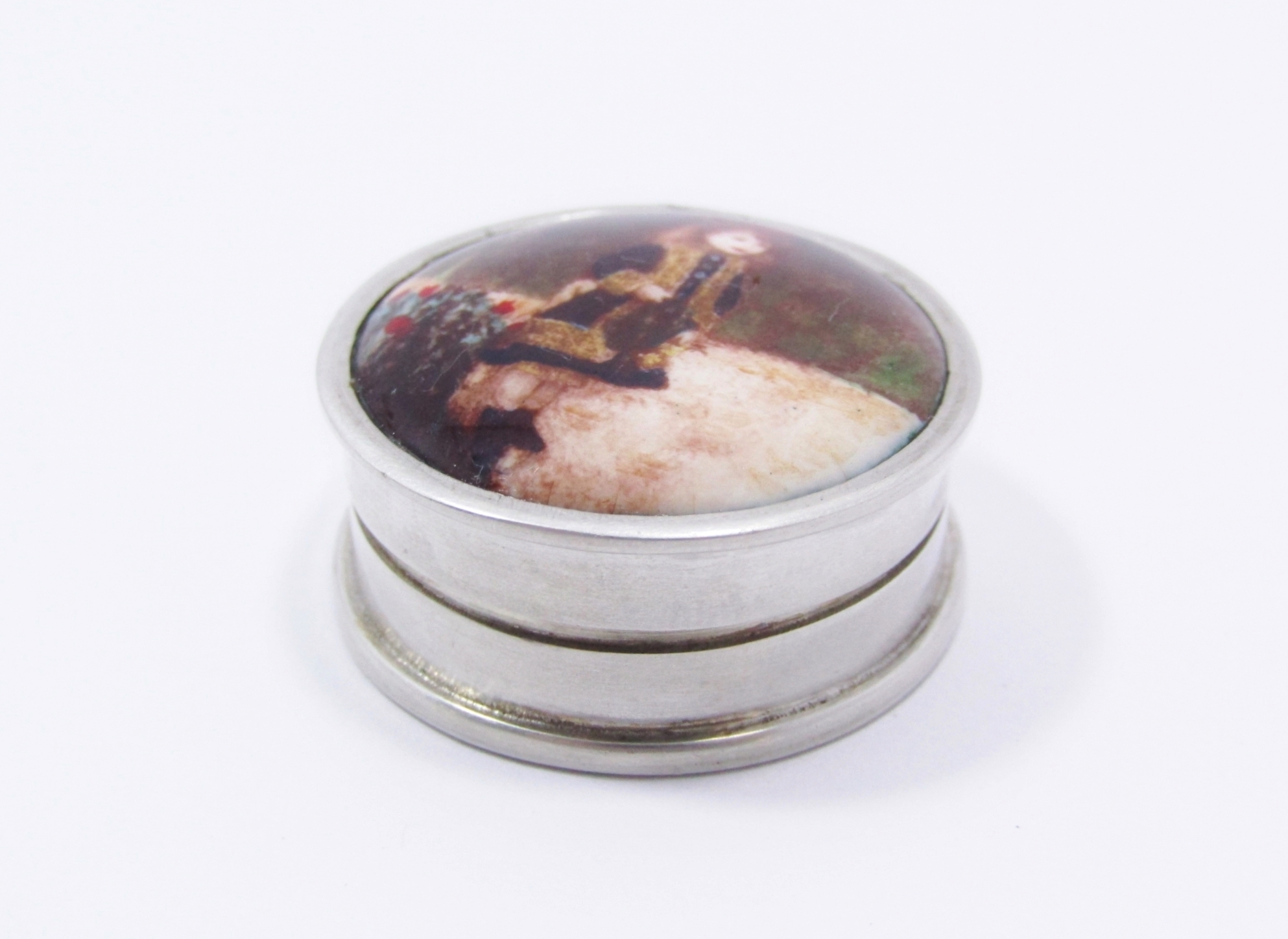 A Lovely Sterling Silver Pill Box With a Porcelain Lid all With English Hallmarks