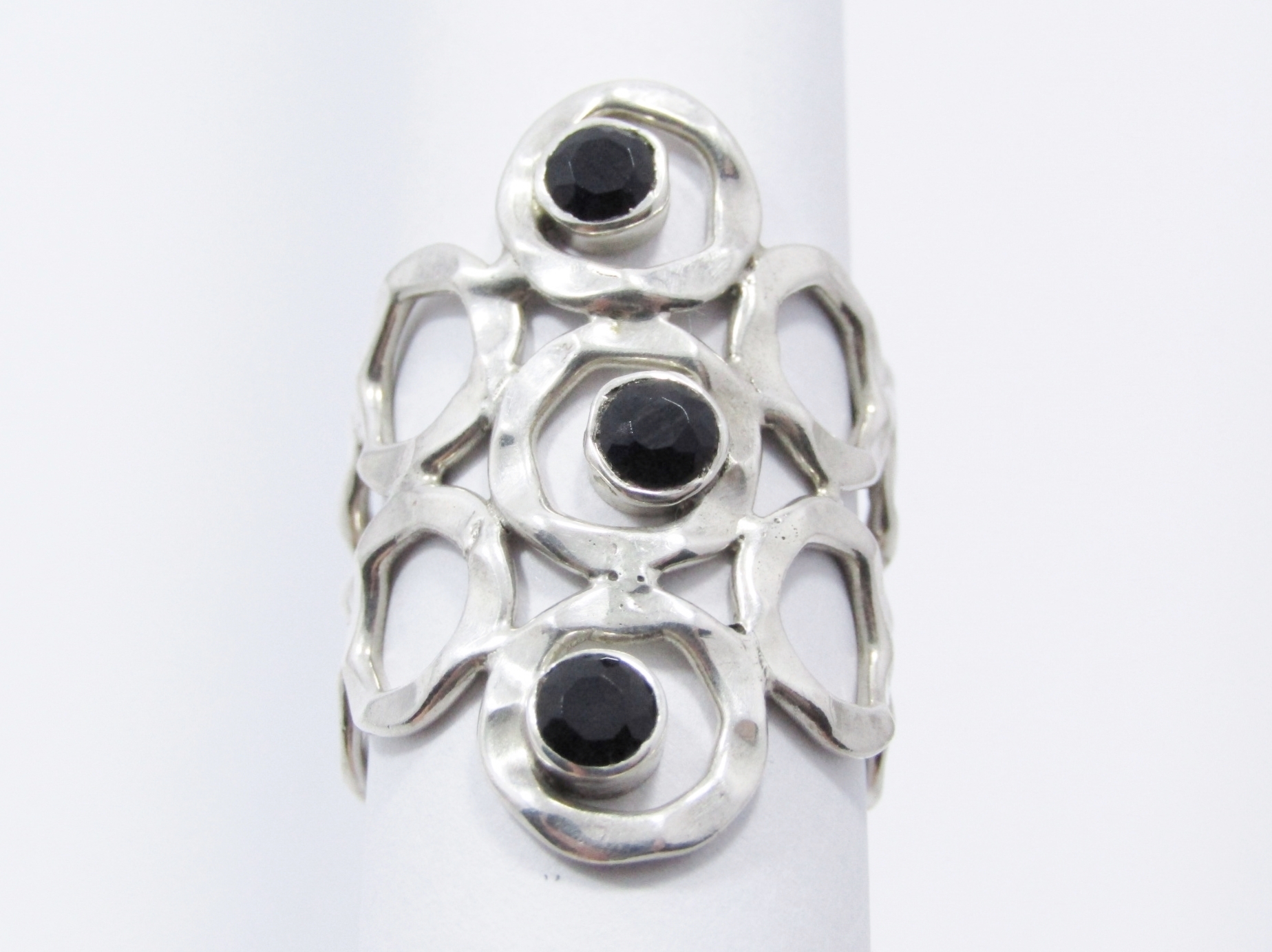 A Stunning Broad Black Zirconia Stone Ring With a Open Ended Band in Sterling Silver