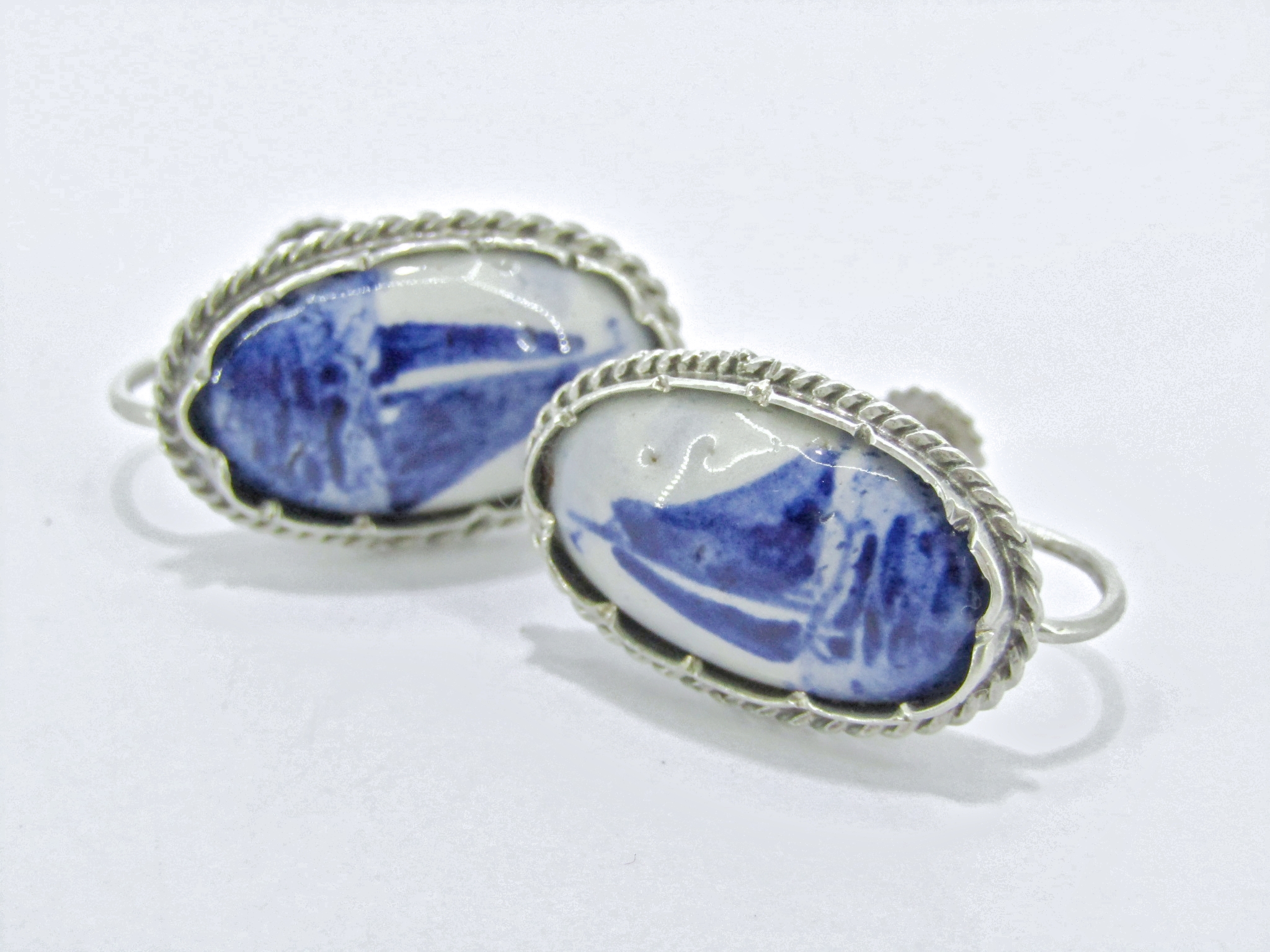 A Gorgeous Pair of Vintage Delft Screw Back Earrings in Sterling Silver