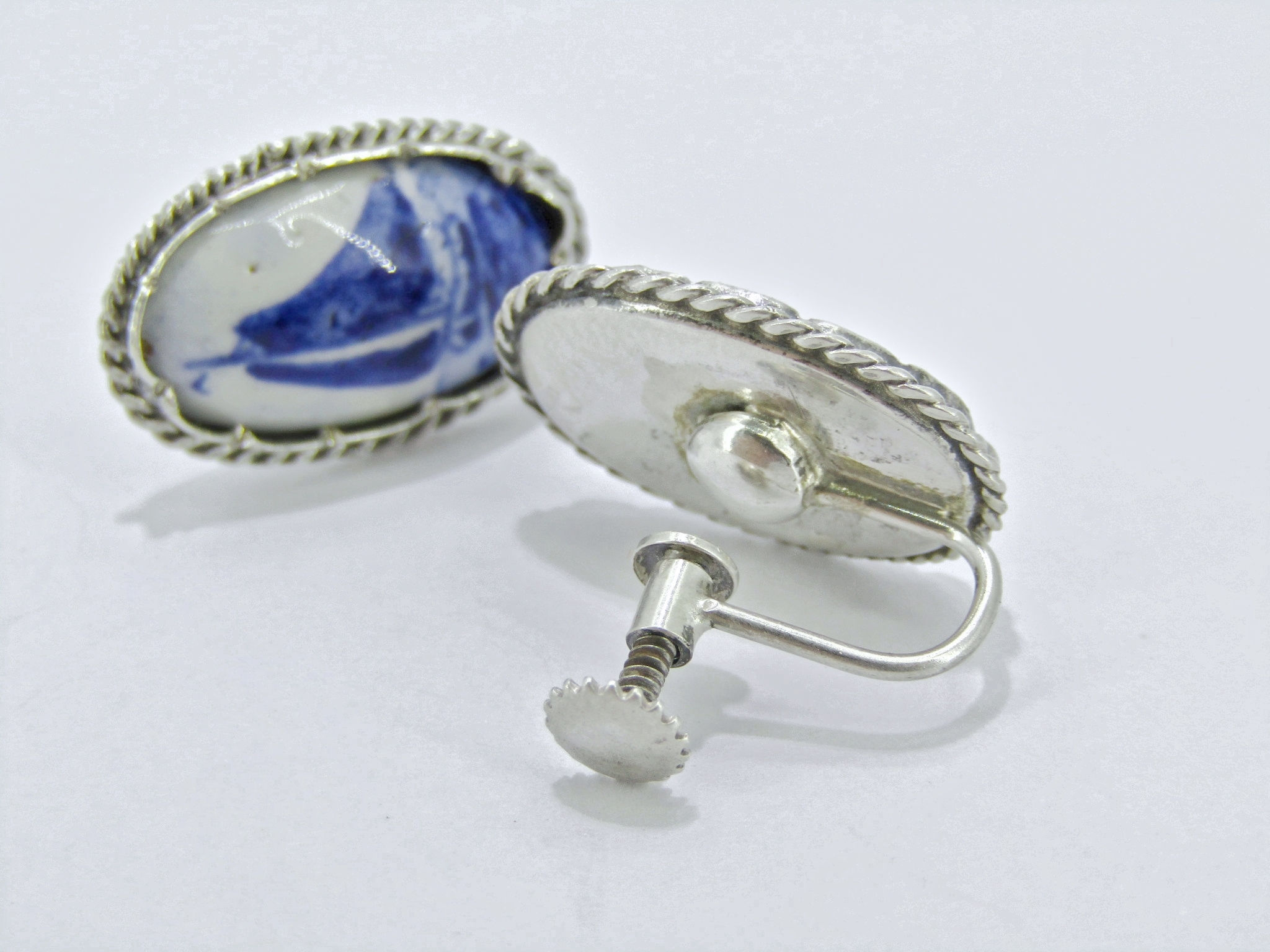 A Gorgeous Pair of Vintage Delft Screw Back Earrings in Sterling Silver