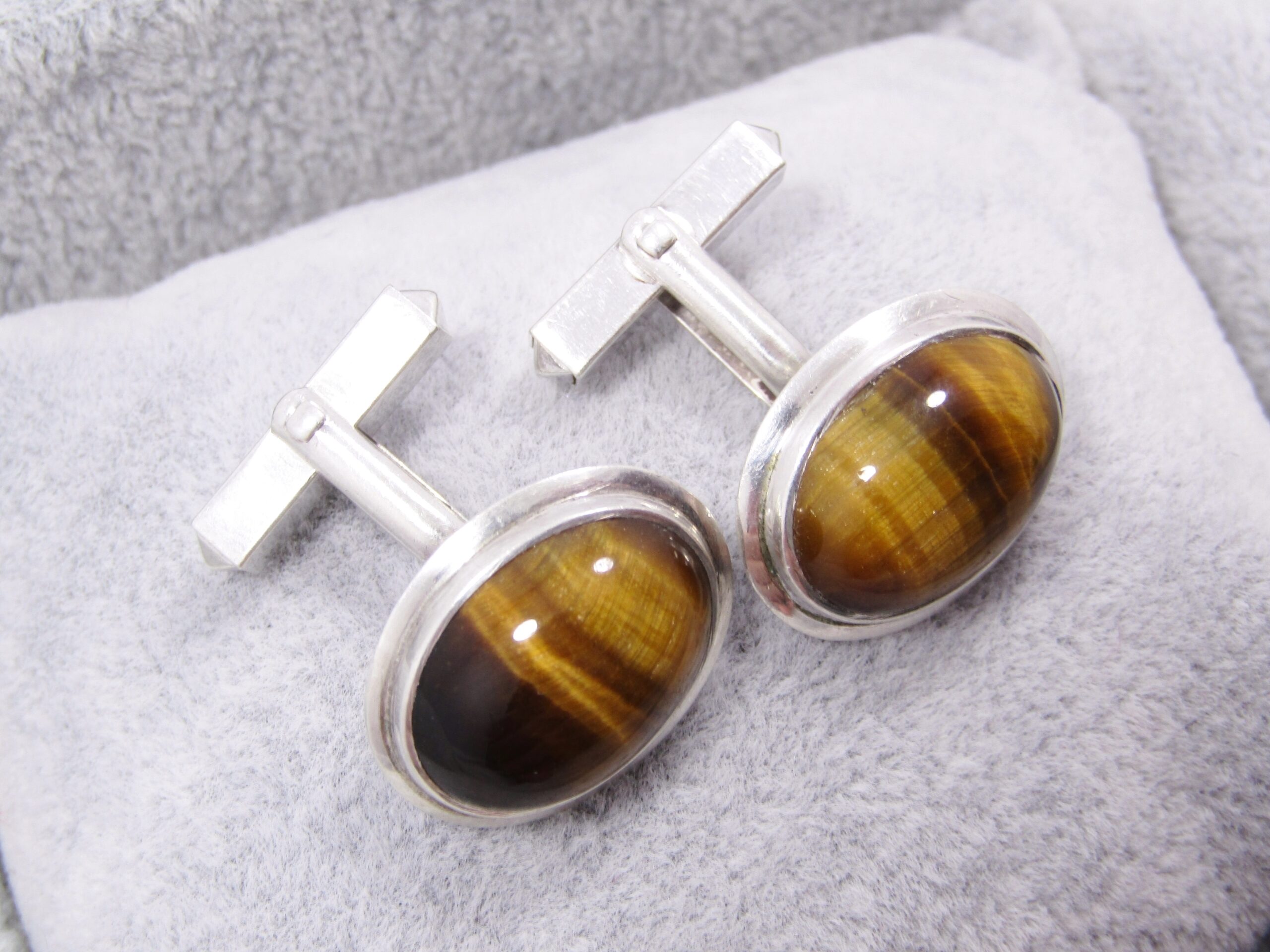 A Gorgeous Pair of Tyger’s Eye Cuff Links in Sterling Silver