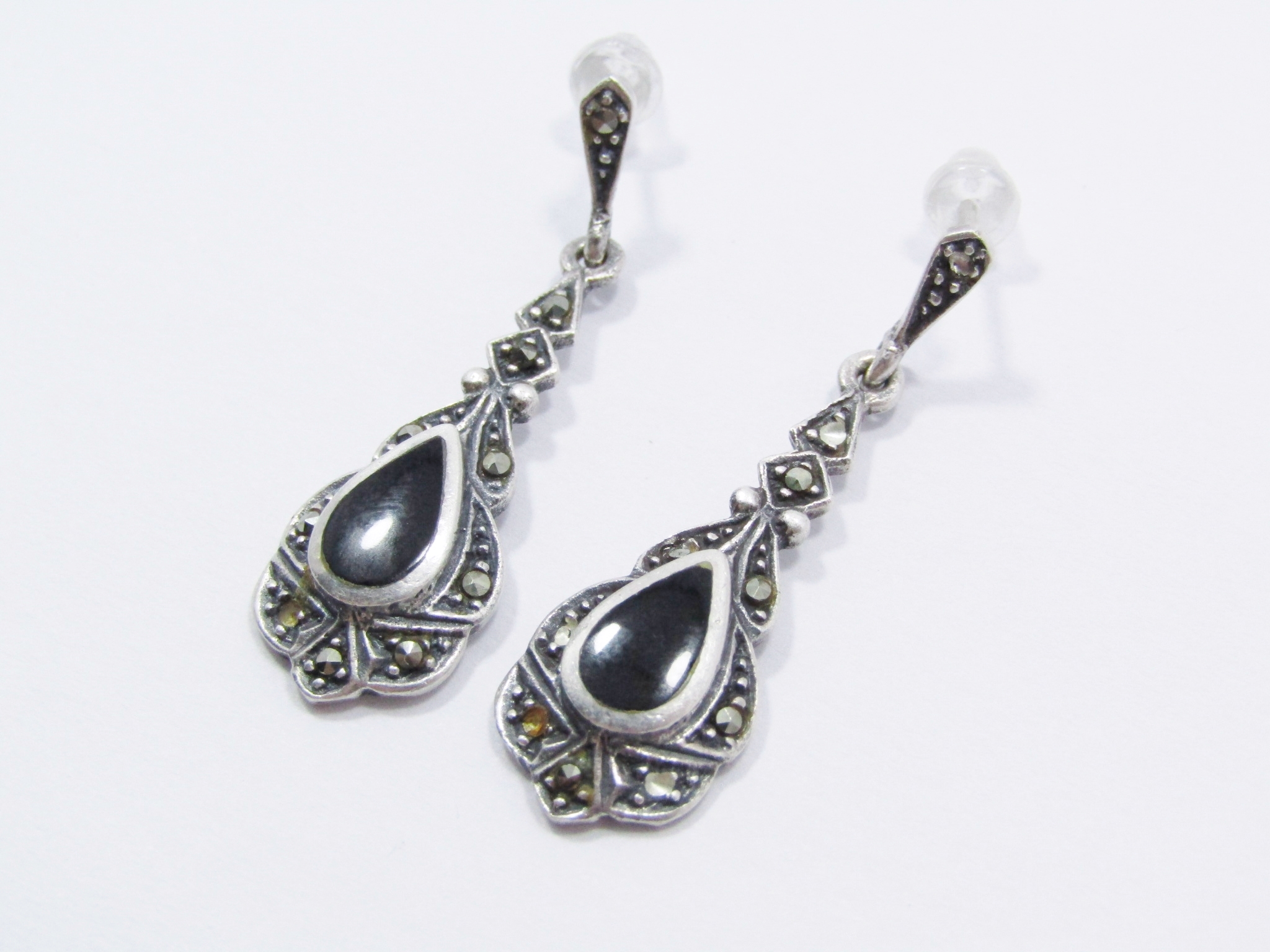 Beautiful Vintage Design Drop Earrings With Black Stone And Marcasite’s in Sterling Silver.