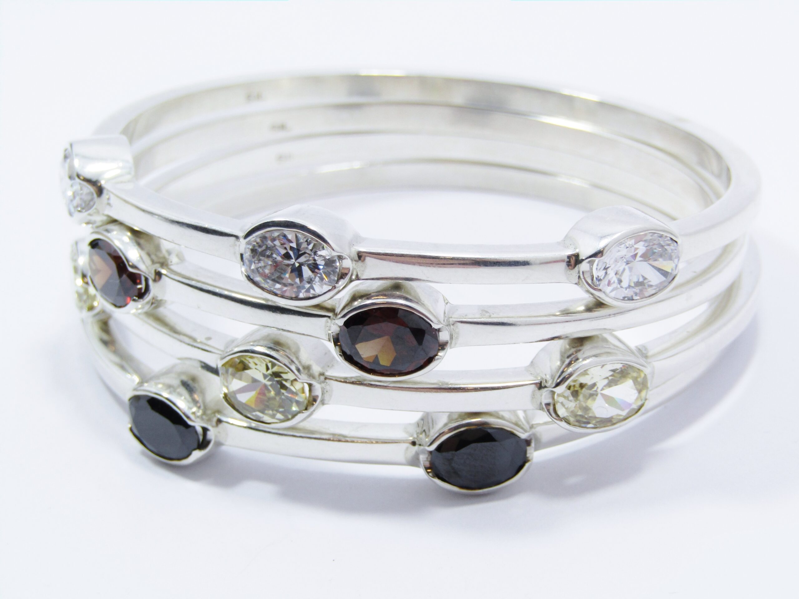 Gorgeous Square Design Chunky Multi Color Zirconia Bangles in Sterling Silver.