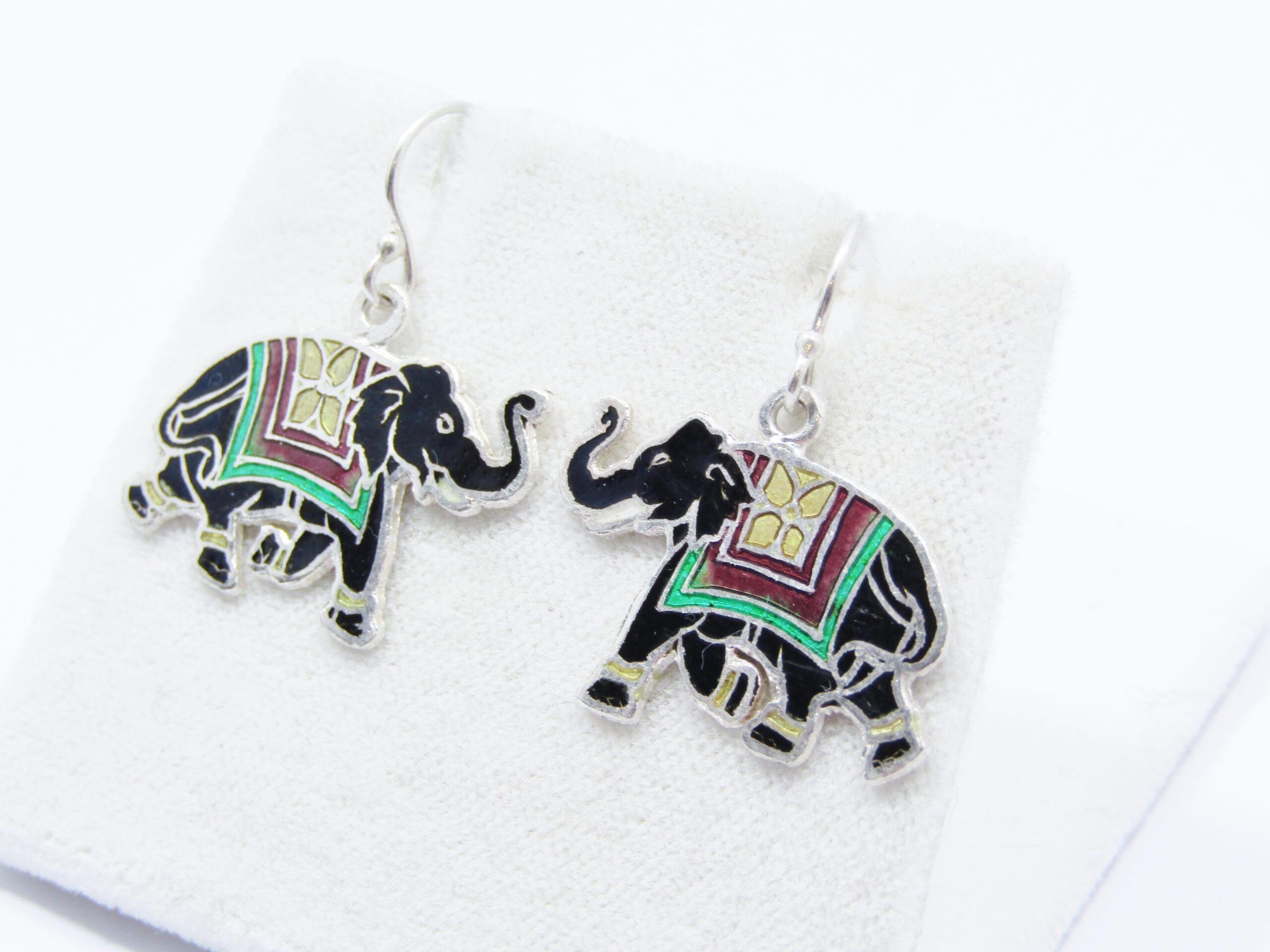 A Lovely Pair of Enameled Elephant Earrings in Sterling Silver