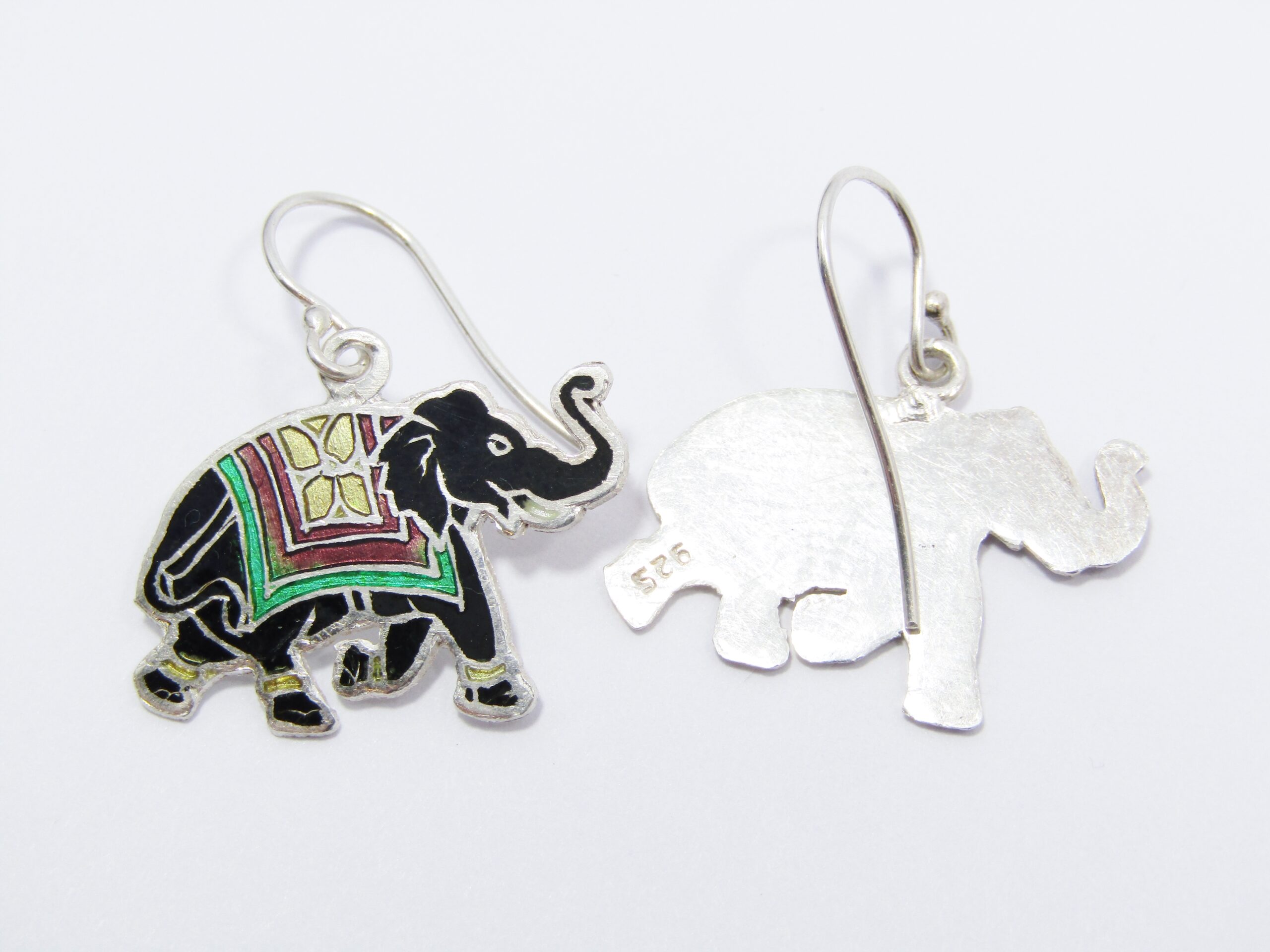 A Lovely Pair of Enameled Elephant Earrings in Sterling Silver