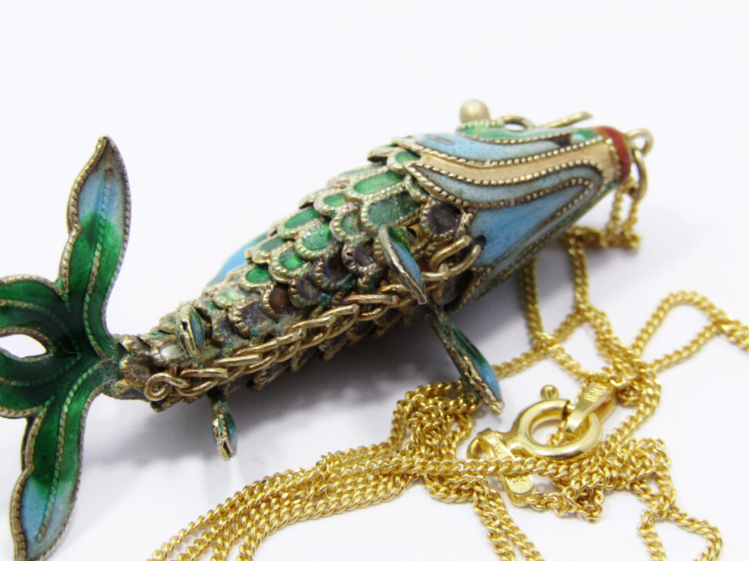 A Stunning Medium Size Gold Gilt Articulated Fish Pendant over Sterling Silver