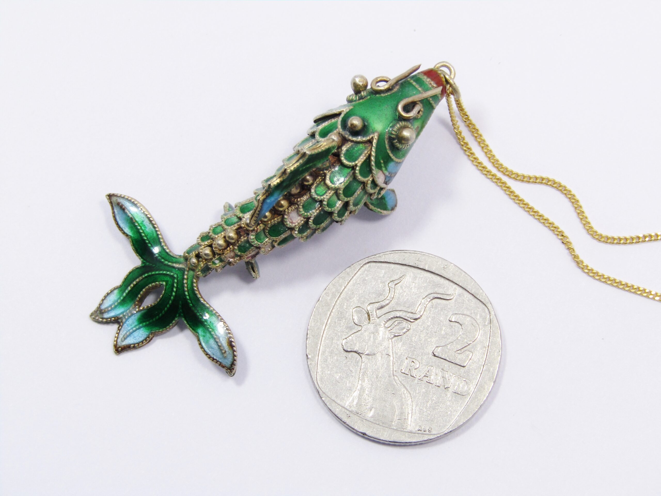 A Stunning Medium Size Gold Gilt Articulated Fish Pendant over Sterling Silver